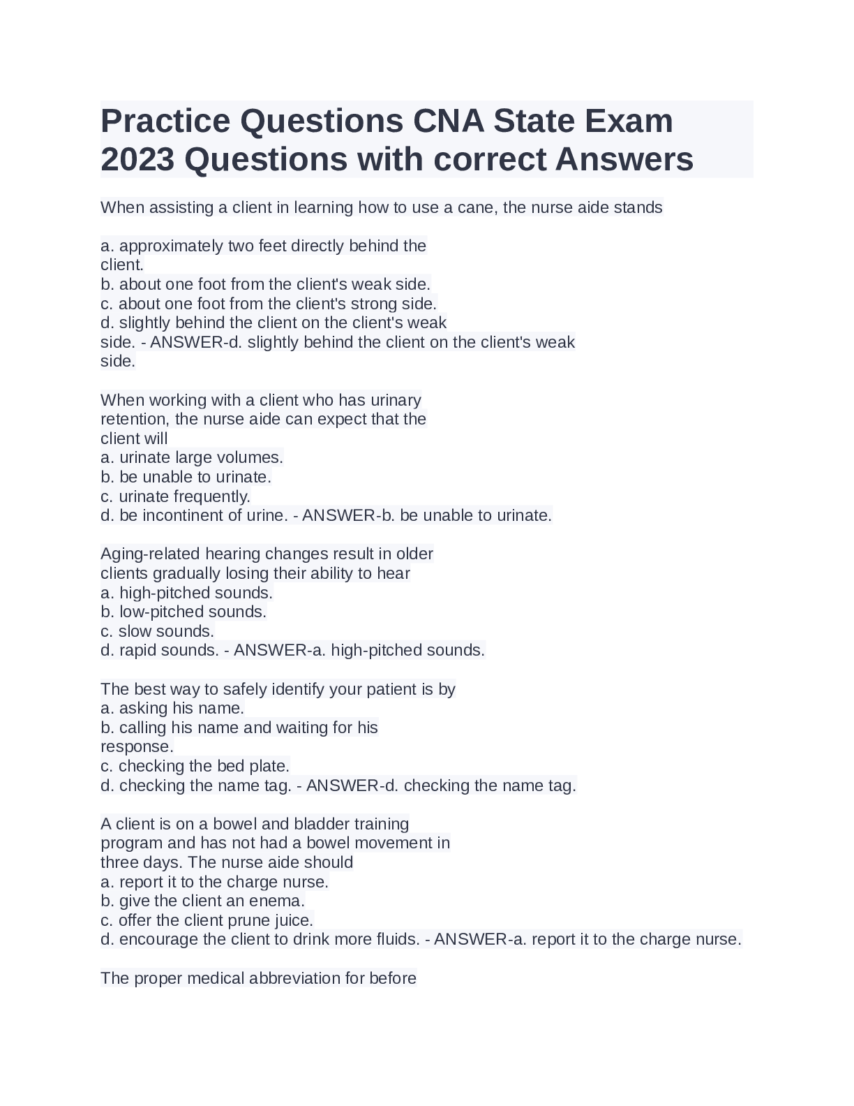 Preview of Practice Questions CNA State Exam2023 Questions with correct Answers