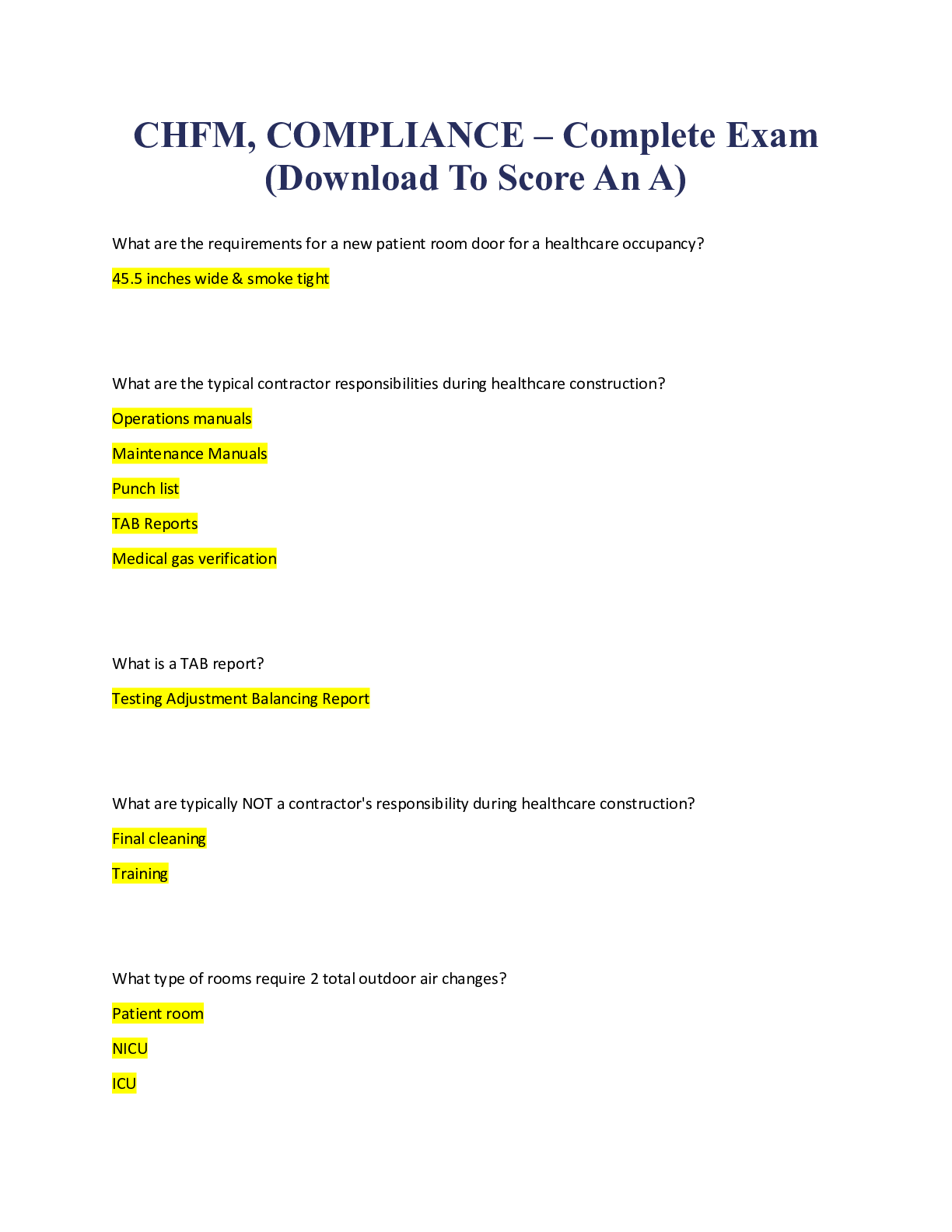 Preview image for CHFM, COMPLIANCE – Complete Exam (Download To Score An A)