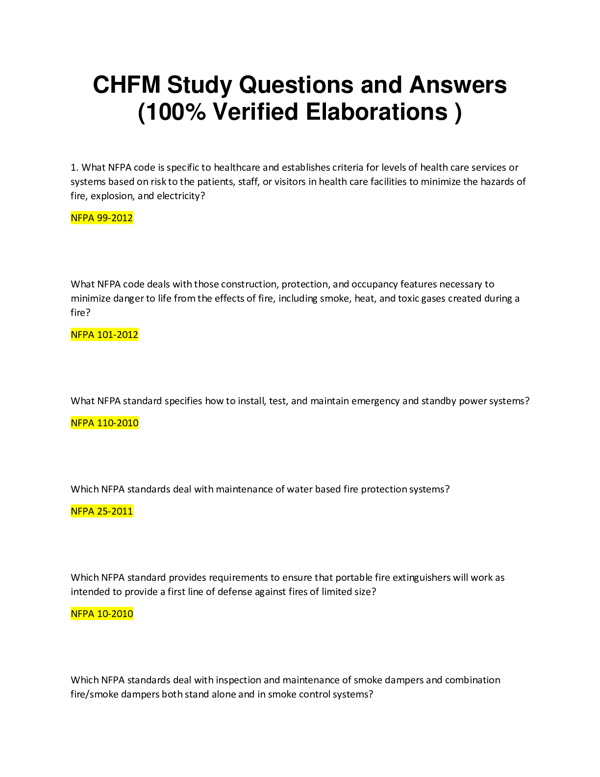 Preview image for CHFM Study Questions and Answers (100% Verified Elaborations)