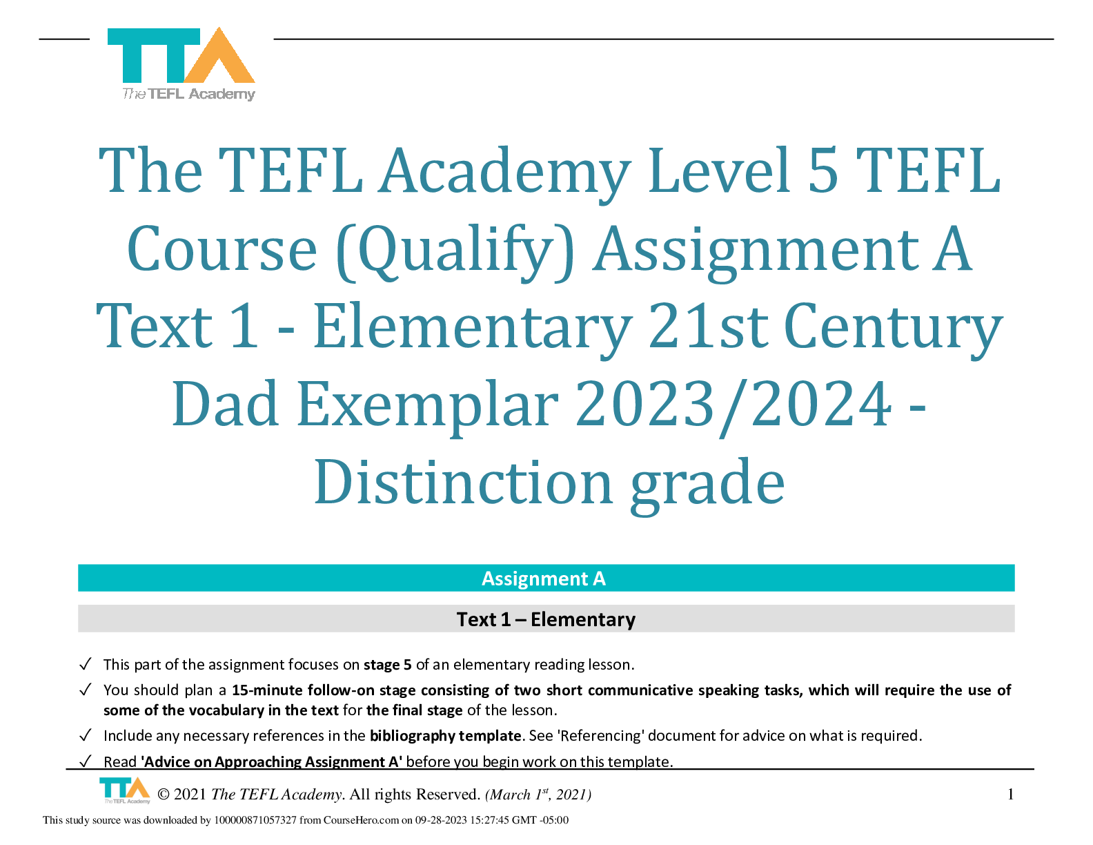Preview image for The TEFL Academy Level 5 TEFL Course (Qualify) Assignment A Text 1 - Elementary 21st Century Dad Exemplar 2023/2024 - Distinction grade