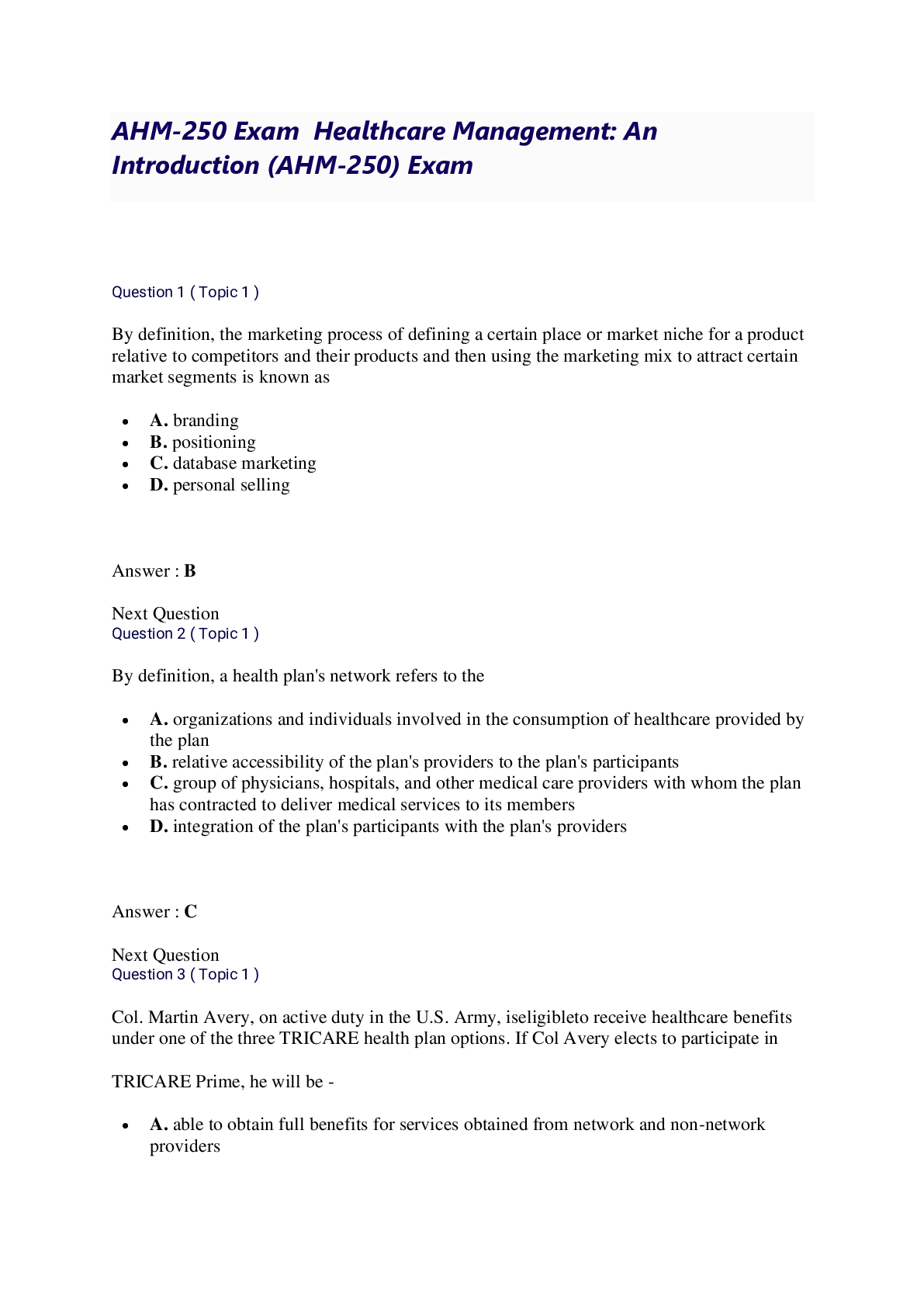 Preview image for AHM-250 Exam Healthcare Management: An  Introduction (AHM-250) Exam