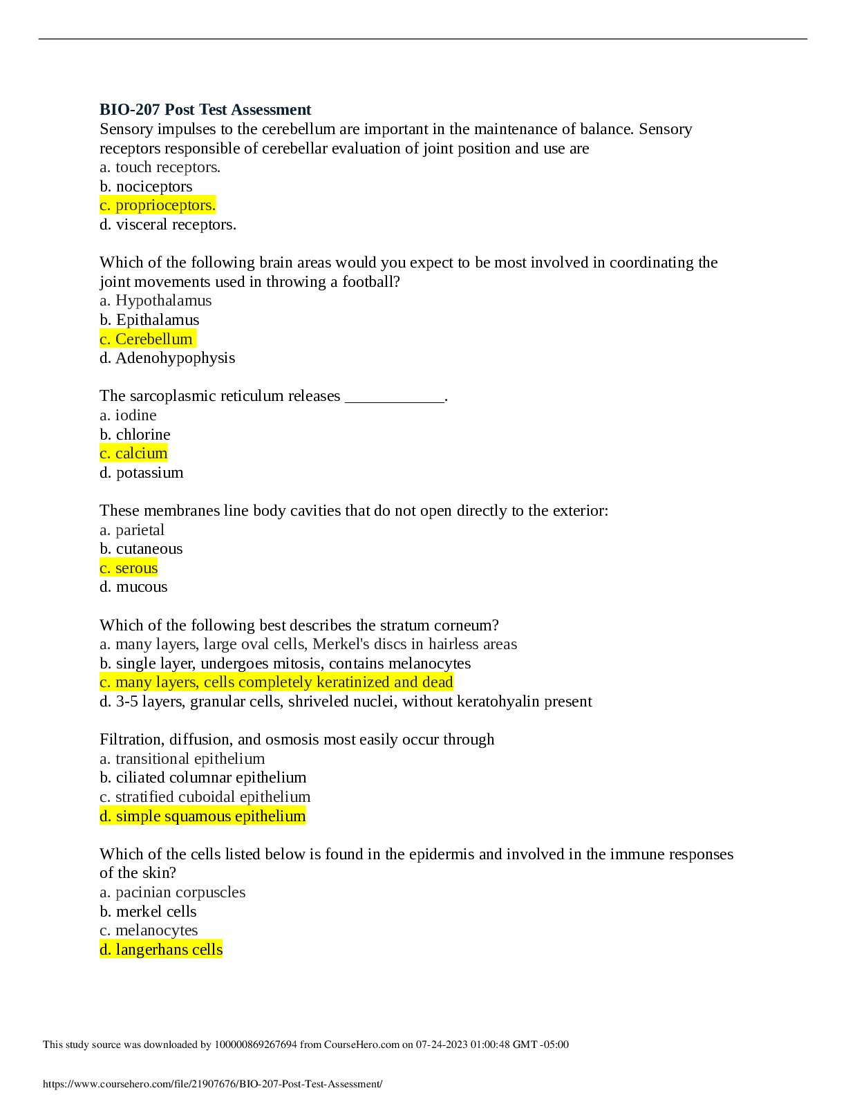 Preview image of BIO-207 Post Test Assessment document