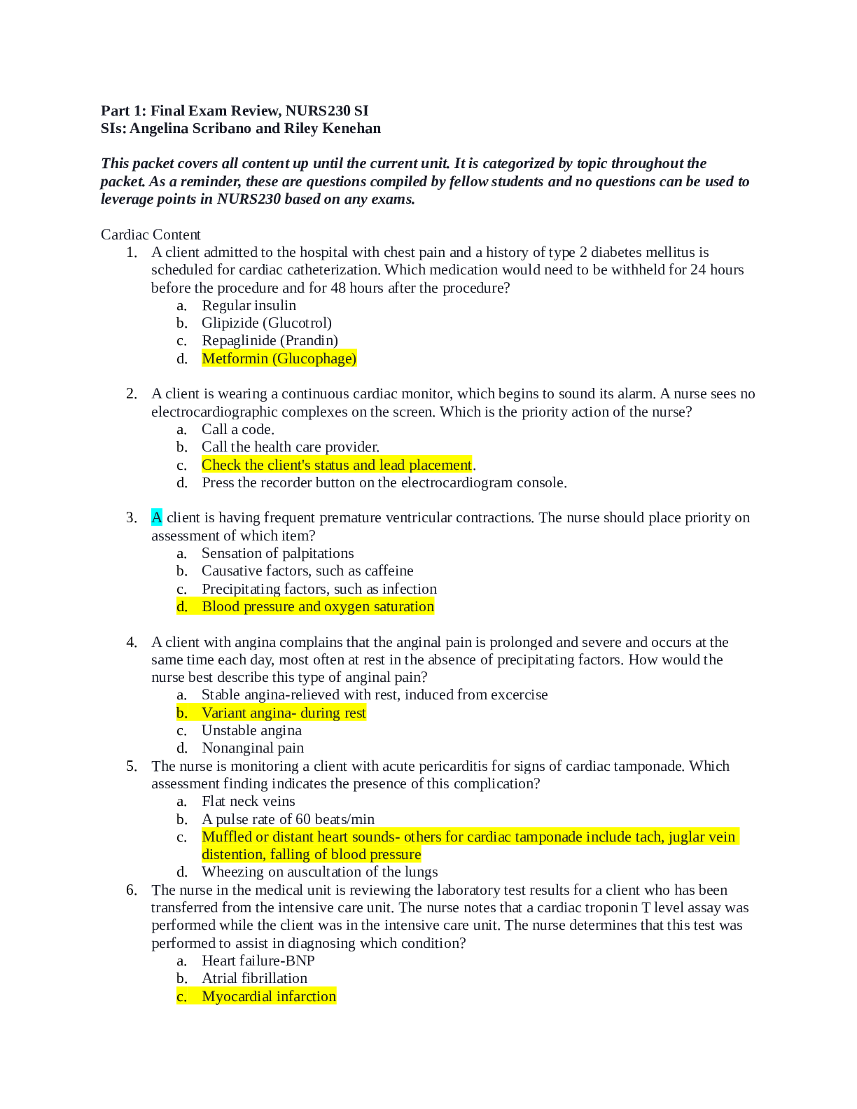 Recommended document preview for NURS230 SISIs Angelina Scribano and Riley Kenehan  Final exam review part 1 2023