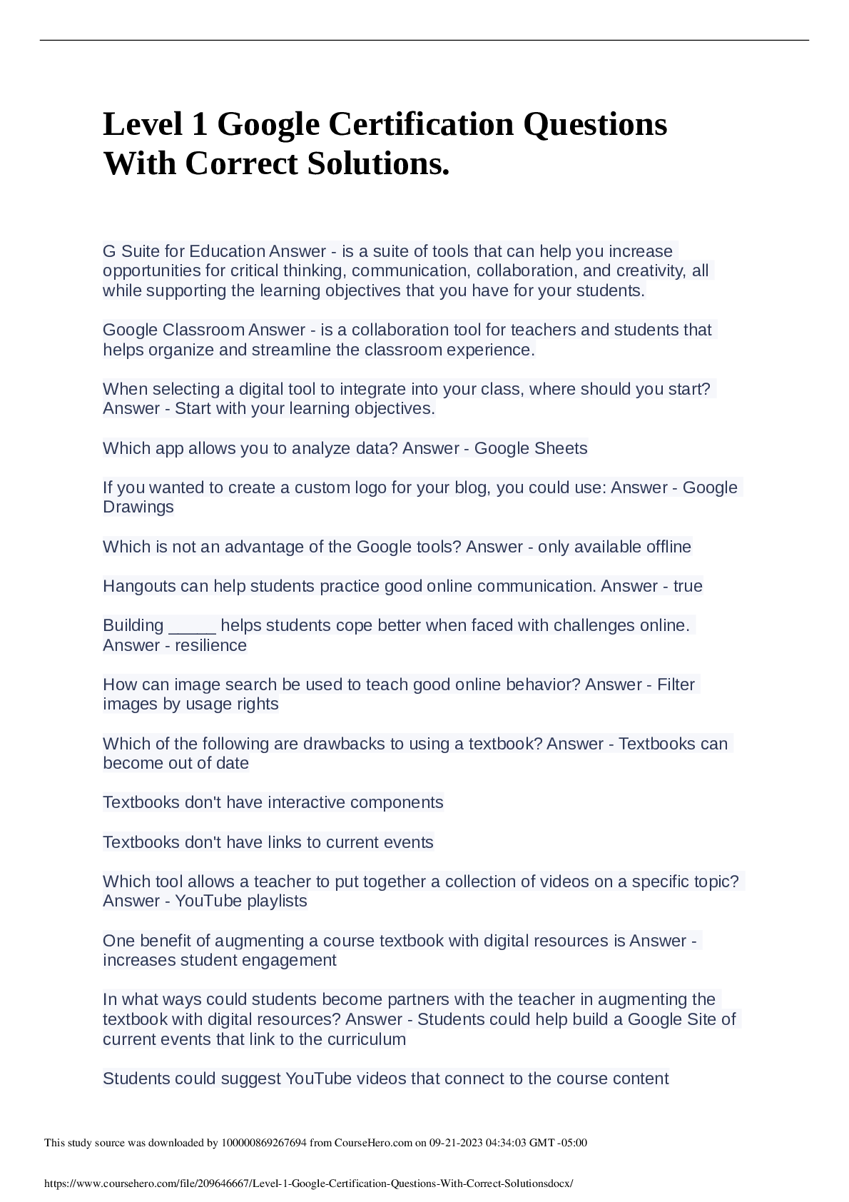 Preview image of Google Certification Level 1 Exam Questions With Correct Answers document