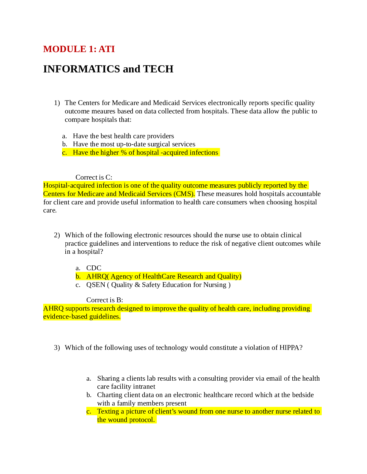 Preview image of NURS 325 ATI Module 1 questions document