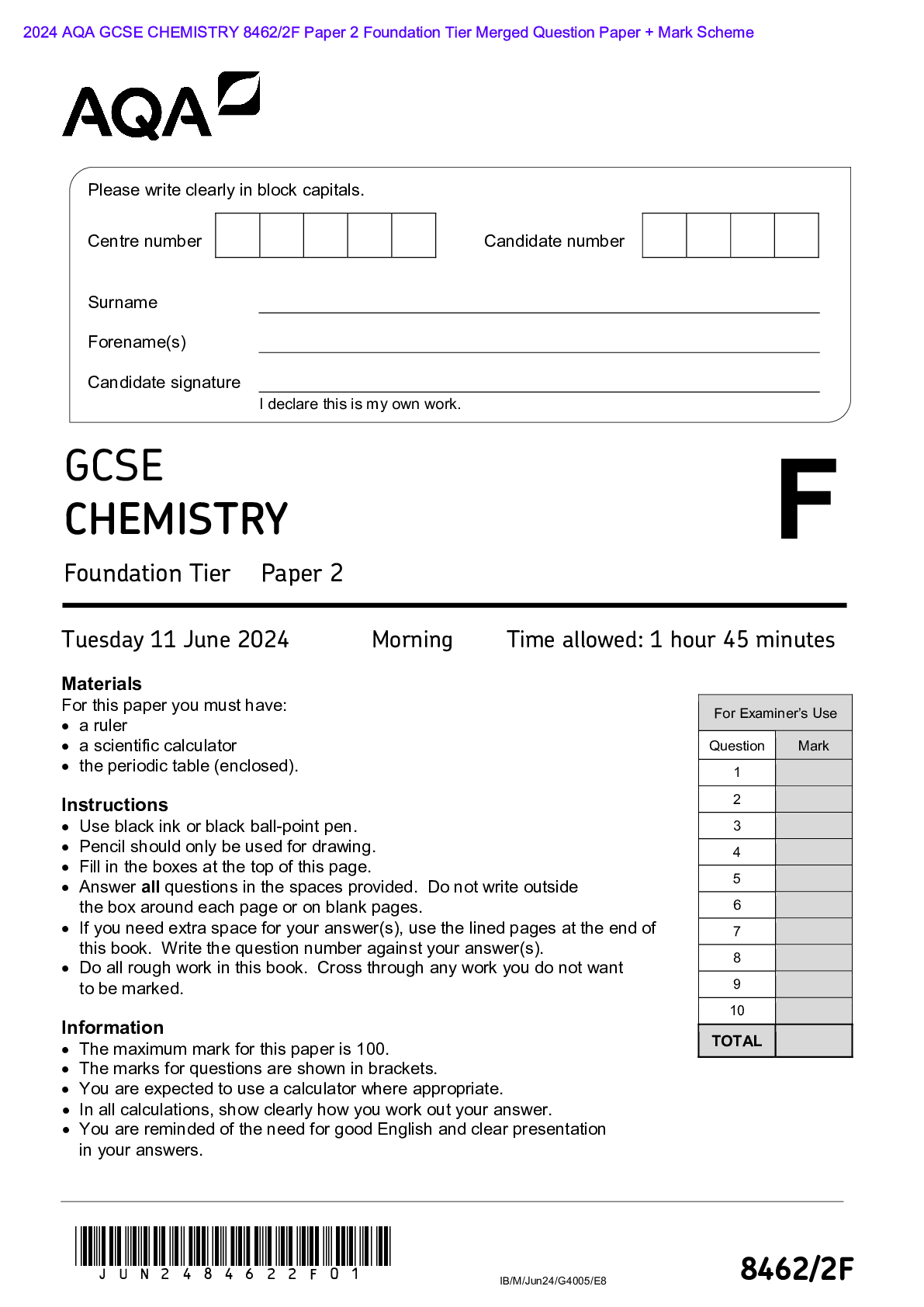 Preview image for Actual 2024 AQA GCSE CHEMISTRY 8462/2F Paper 2 Foundation Tier Merged Question Paper + Mark Scheme