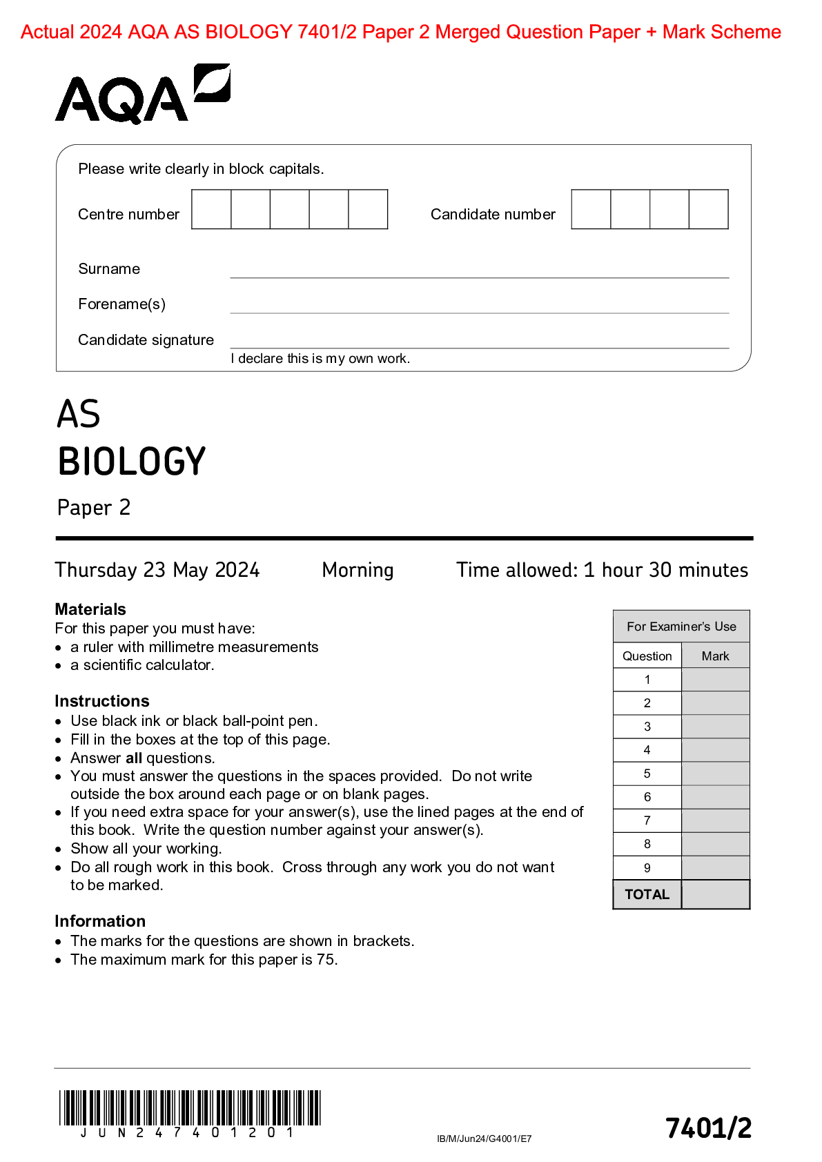 Preview of Actual 2024 AQA AS BIOLOGY 7401/2 Paper 2 Merged Question Paper + Mark Scheme