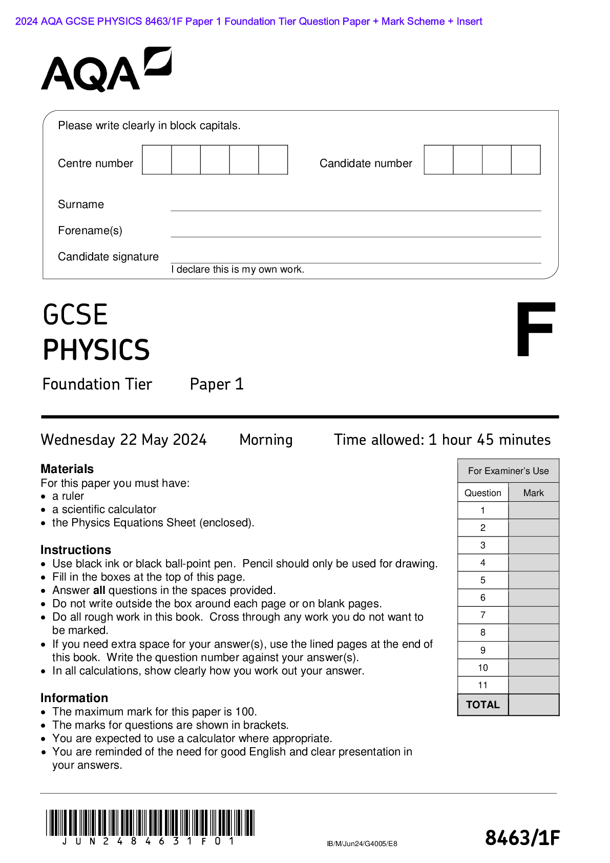 Preview of Actual 2024 AQA GCSE PHYSICS 8463/1F Paper 1 Foundation Tier Merged Question Paper + Mark