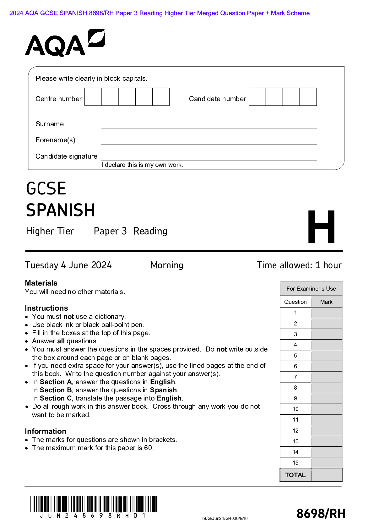 Preview image for Actual 2024 AQA GCSE SPANISH 8698/RH Paper 3 Reading Higher Tier Merged Question Paper + Mark Scheme