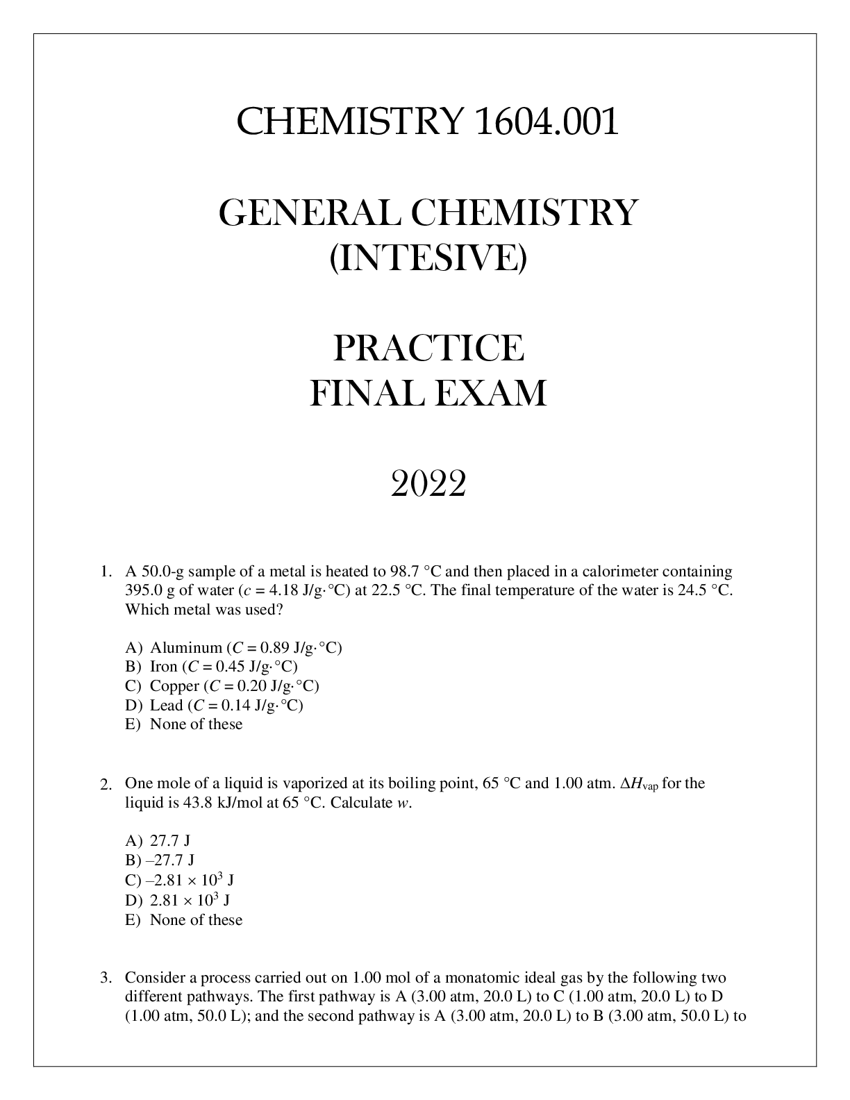 Preview image for CHEMISTRY 1604.001 GENERAL CHEMISTRY (INTENSIVE) PRACTICE FINAL EXAM 2022