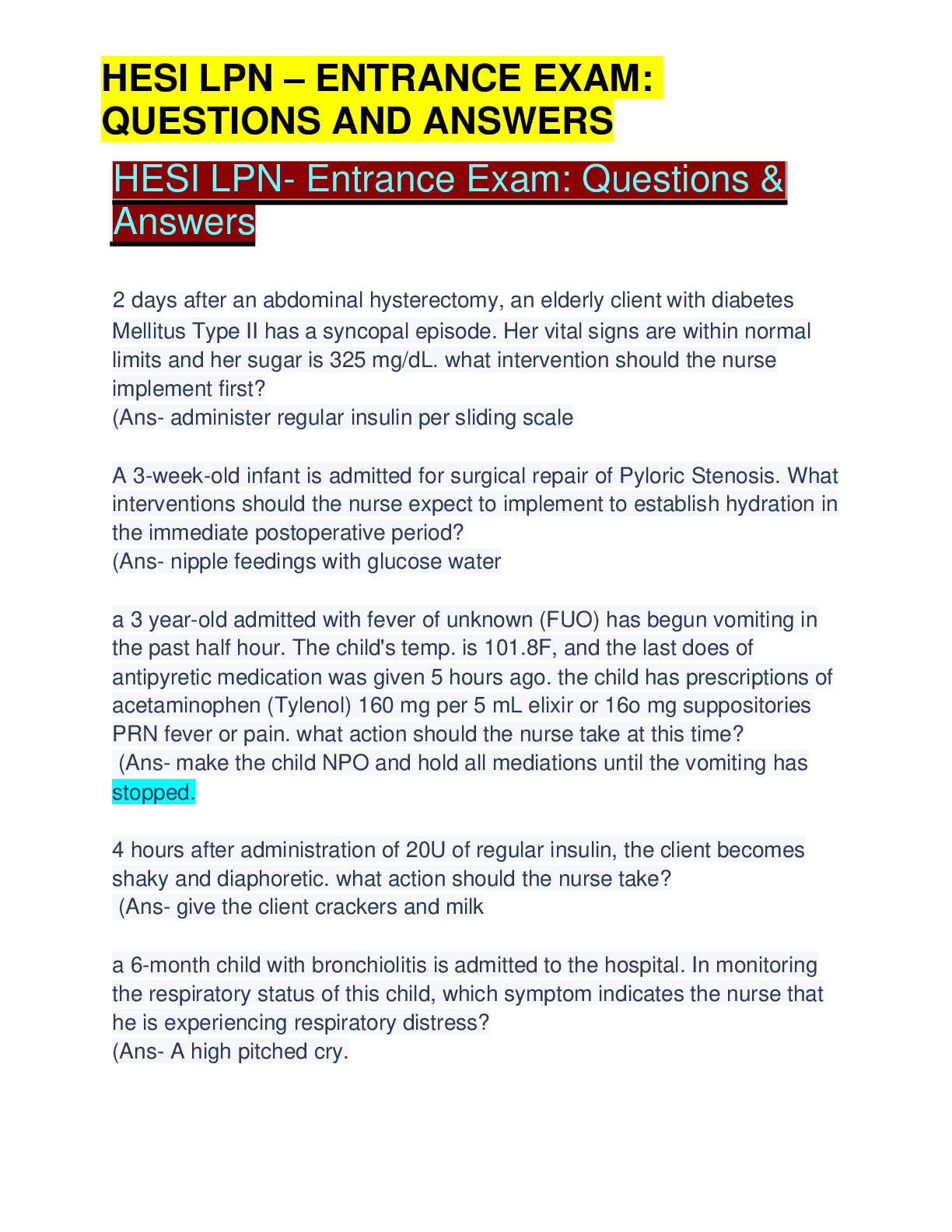 Preview image for HESI LPN – ENTRANCE EXAM: QUESTIONS AND ANSWERS