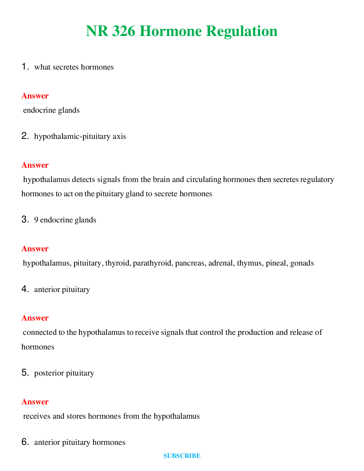 Preview of NR 326 Hormone Regulation  | Questions &amp; Answers with rationales