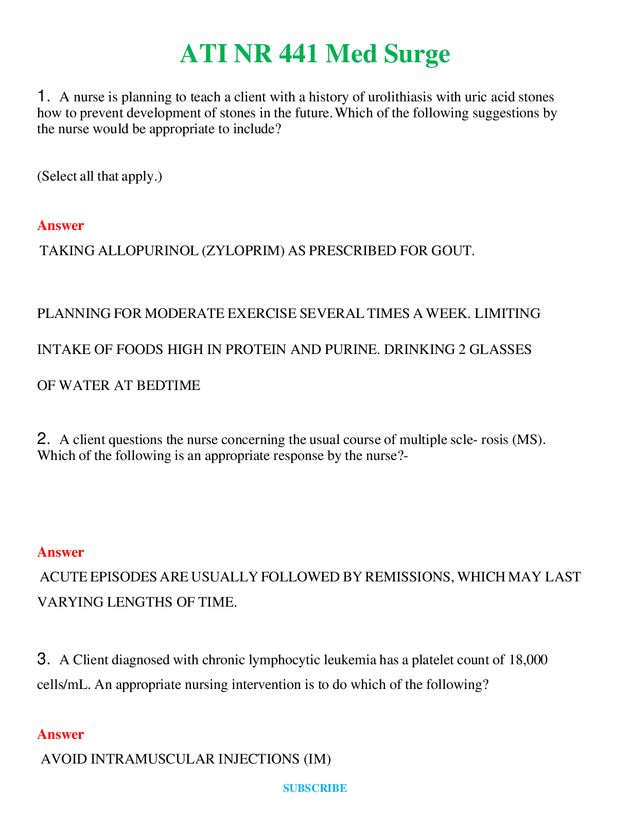 ATI NR 441 Med Surge  | Questions & Answers with rationales