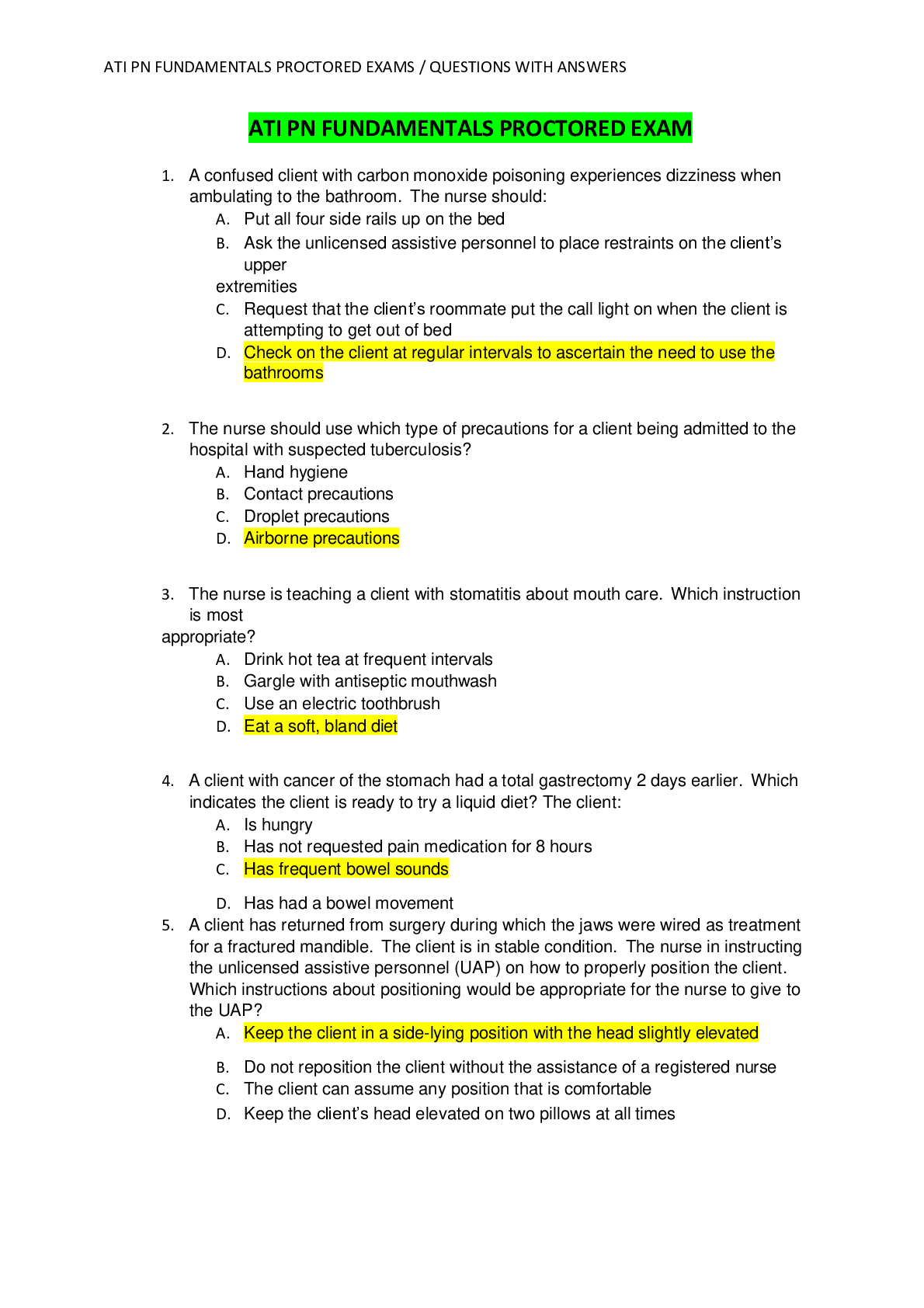 Preview image for ATI PN FUNDAMENTALS PROCTORED EXAMS / QUESTIONS WITH ANSWERS