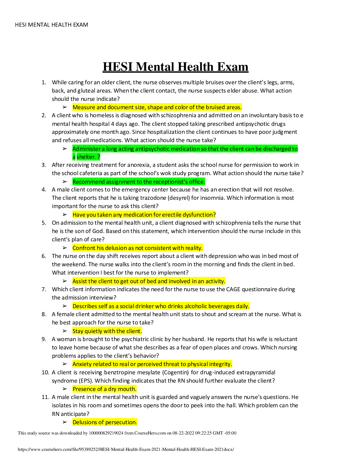 Preview image for HESI - MENTAL HEALTH EXAM/GUARANTEED