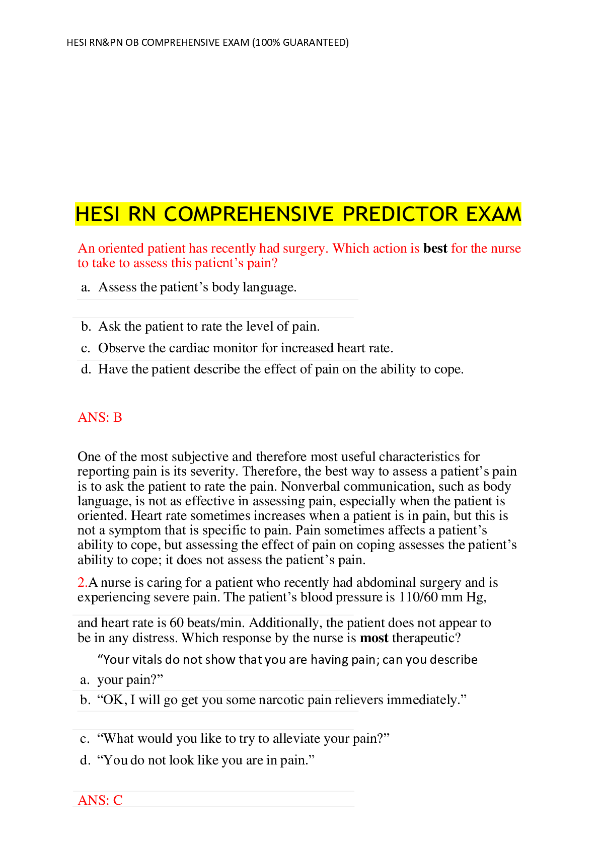 Preview image for HESI RN&PN OB COMPREHENSIVE EXAM (100% GUARANTEED)