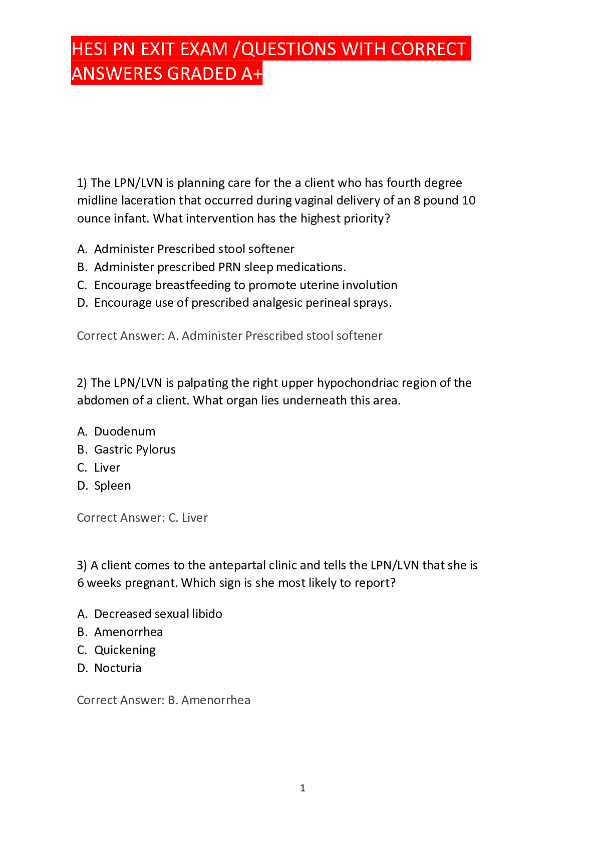 Preview image for HESI PN EXIT EXAM /QUESTIONS WITH CORRECT ANSWERES GRADED A+