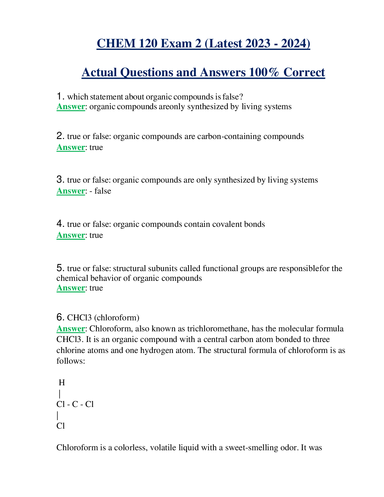 CHEM 120 Exam 2 (Latest 2023 - 2024) Actual Questions and Answers 100% Correct