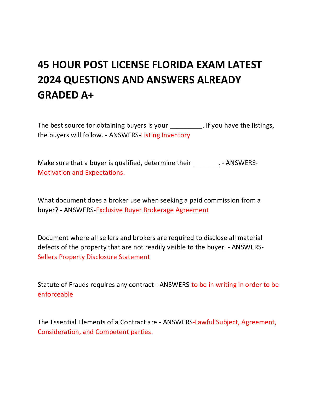 Preview image for 45 HOUR POST LICENSE FLORIDA EXAM LATEST 2024 QUESTIONS AND ANSWERS ALREADY GRADED A+