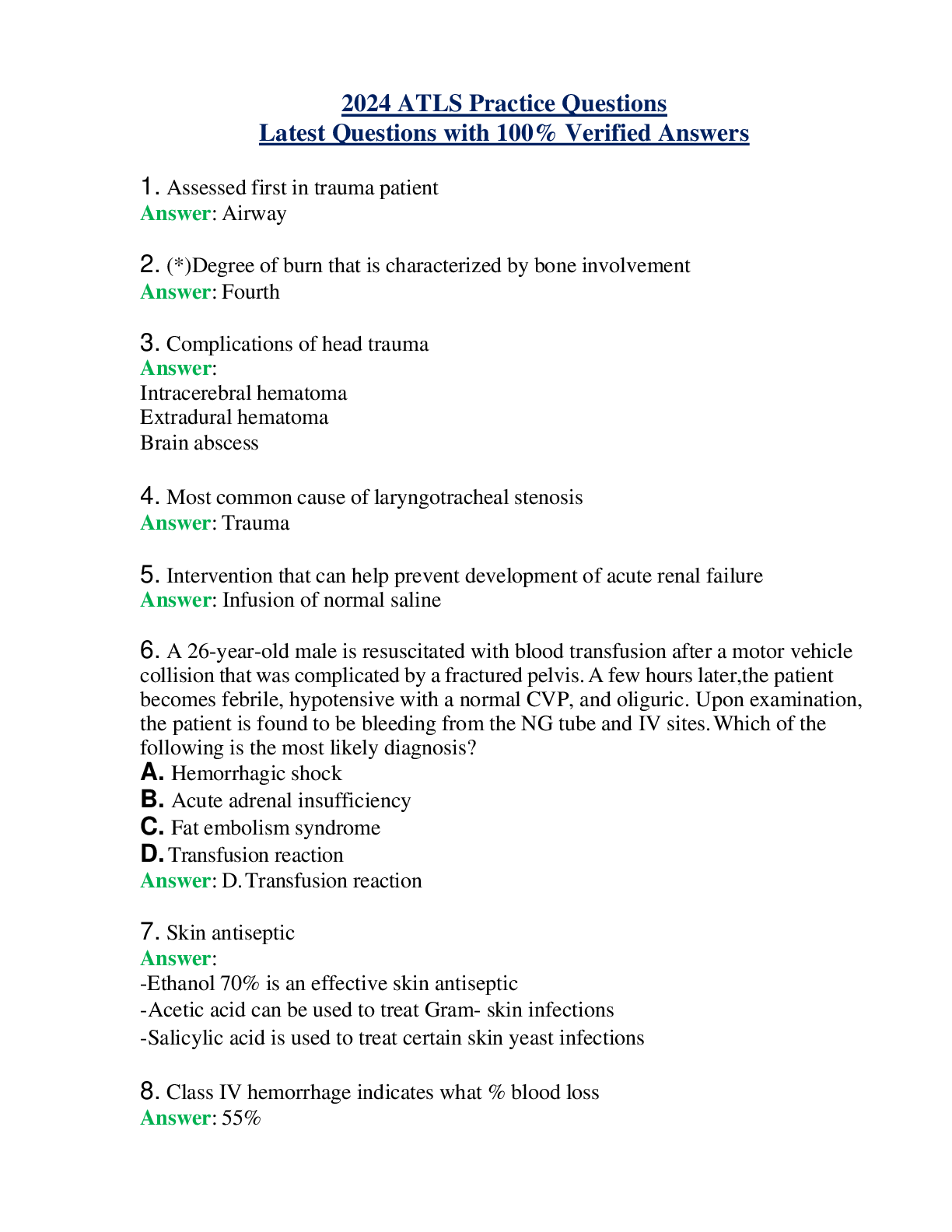 2024 ATLS Practice Questions Latest Questions with 100% Verified Answers