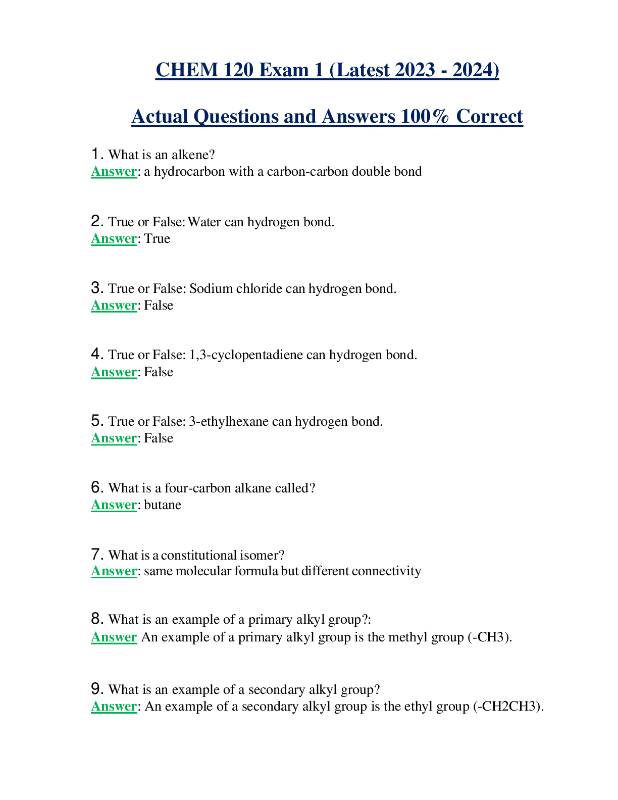 CHEM 120 Exam 1 (Latest 2023 - 2024) Actual Questions and Answers 100% Correct