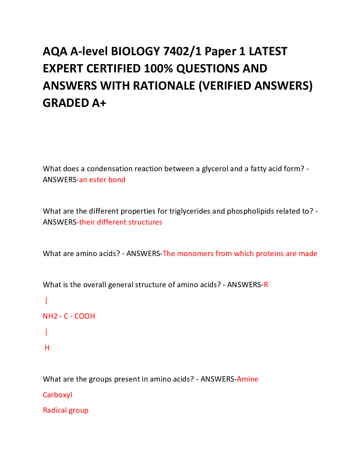 Preview image for AQA A-level BIOLOGY 7402/1 Paper 1 LATEST EXPERT CERTIFIED 100% QUESTIONS AND ANSWERS WITH RATIONALE (VERIFIED ANSWERS) GRADED A+