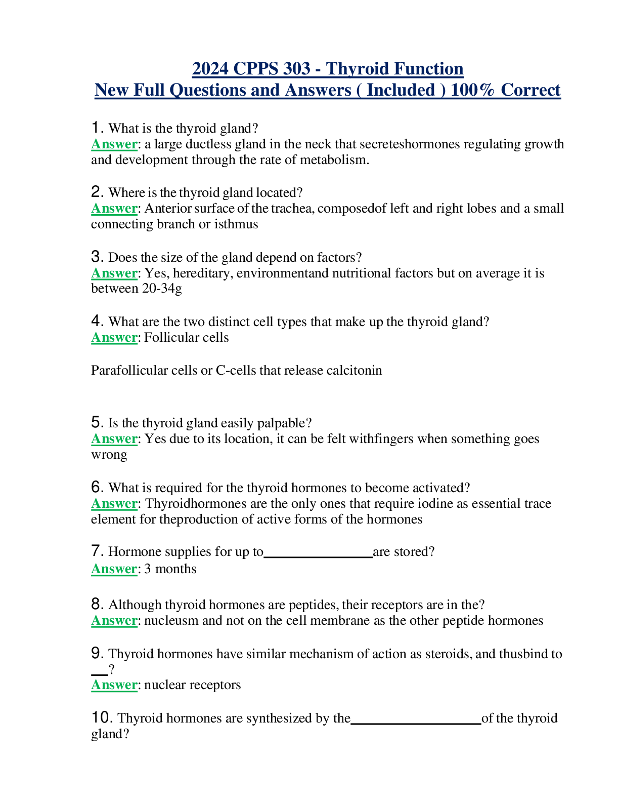 Preview image of 2024 CPPS 303 - Thyroid Function New Full Questions and Answers ( Included ) 100% Correct document