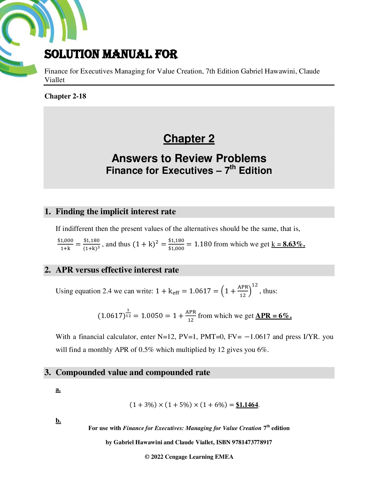 Recommended document preview for Solution Manual For Finance for Executives Managing for Value Creation, 7th Edition by Gabriel Hawawini, Viallet | Chapters 2-18