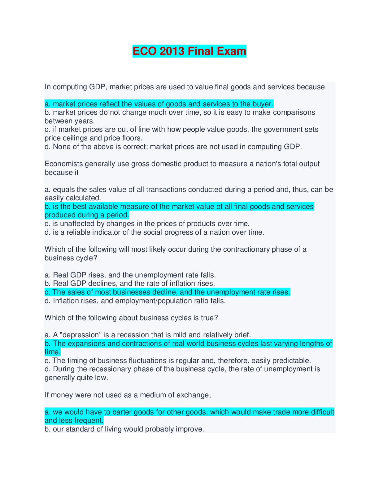 Preview of ECO 2013 Final Exam - Questions and Answers