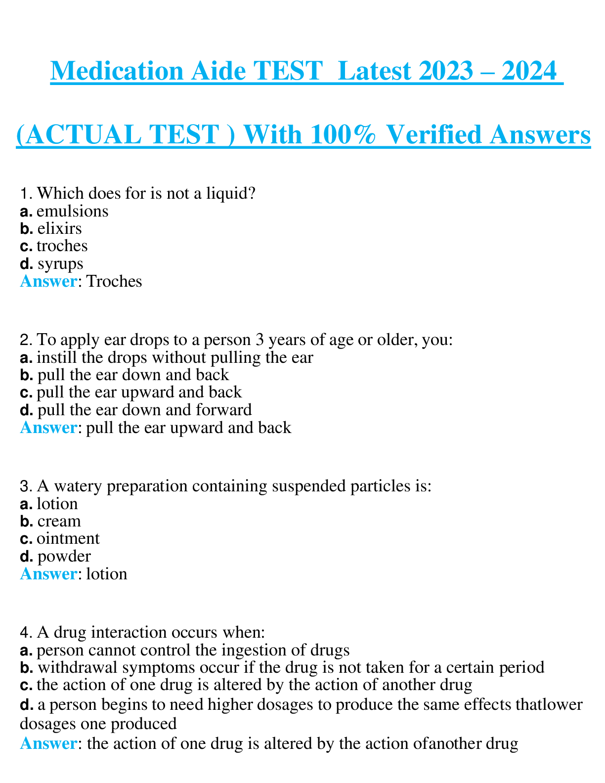 Medication Aide TEST Latest 2023 – 2024  (ACTUAL TEST ) With 100% Verified Answers
