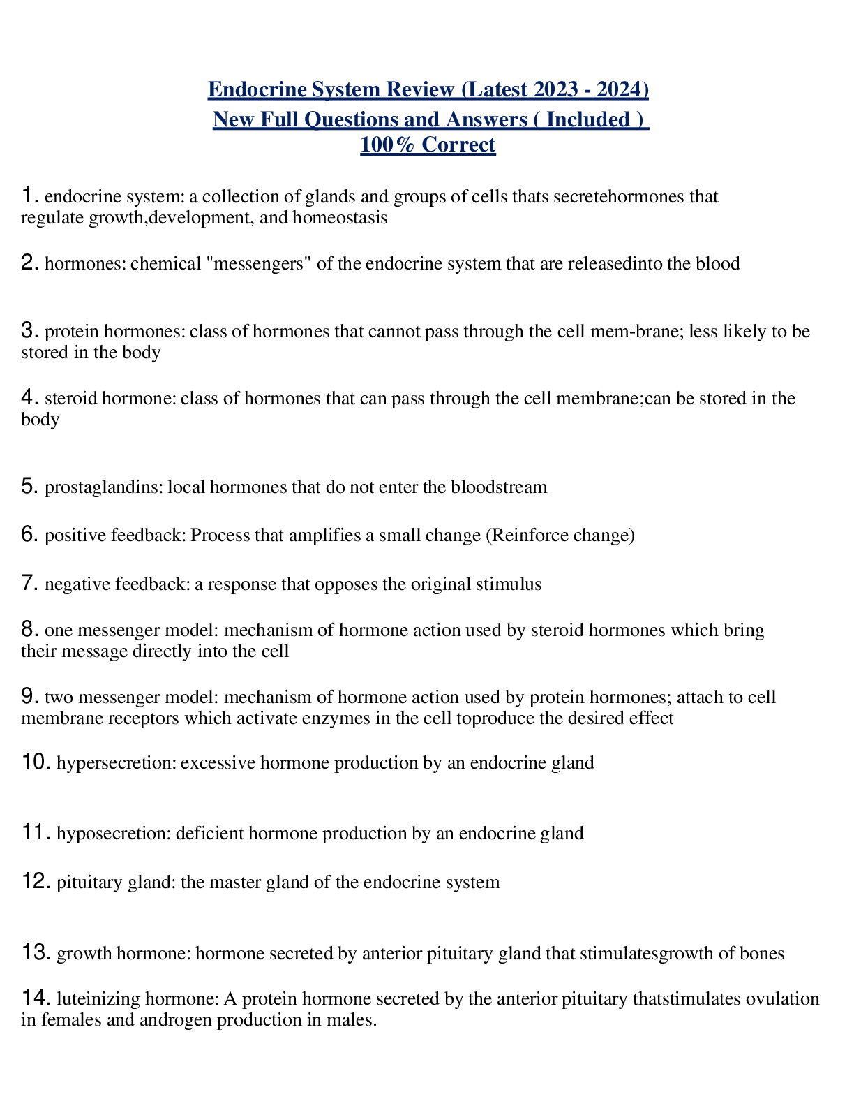 Endocrine System Review (Latest 2023 - 2024) New Full Questions and Answers ( Included )  100% Correct