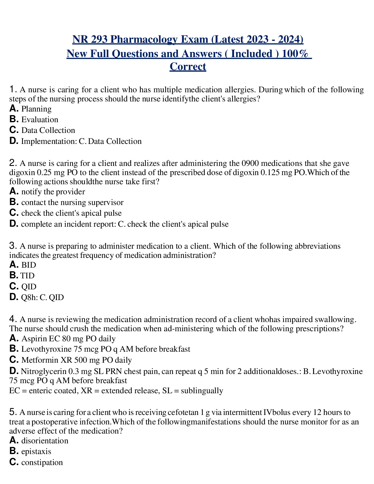 NR 293 Pharmacology Exam (Latest 2023 - 2024) New Full Questions and Answers ( Included ) 100%  Correct