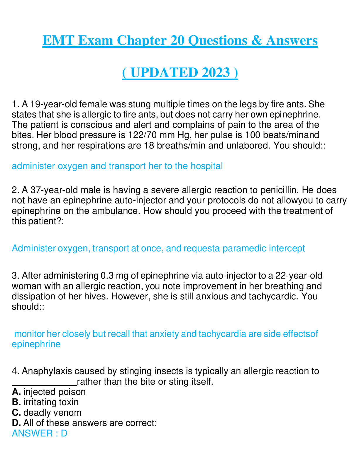 EMT Exam Chapter 20 Questions & Answers ( UPDATED 2023 )