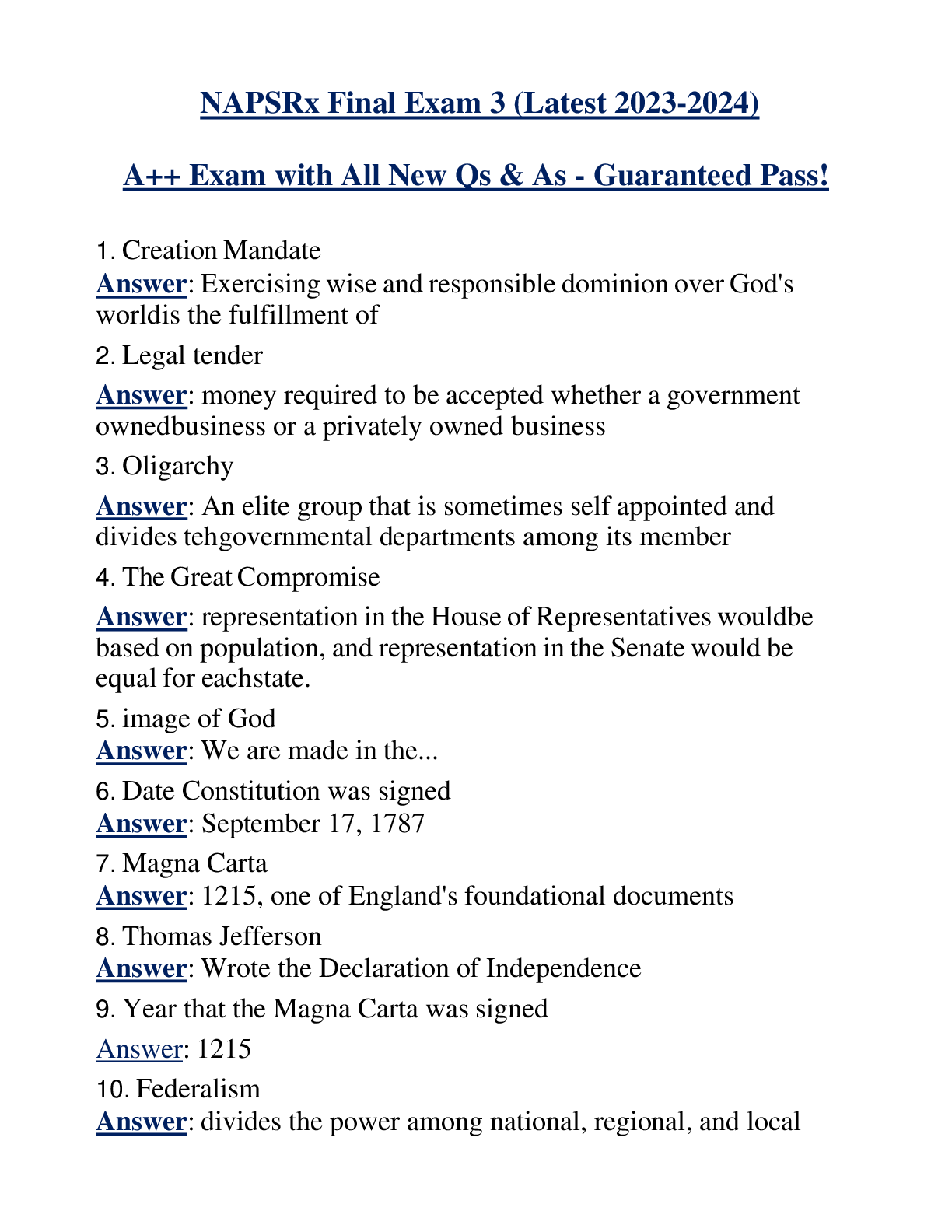 NAPSRx Final Exam 3 (Latest 2023-2024) A++ Exam with All New Qs & As - Guaranteed Pass!