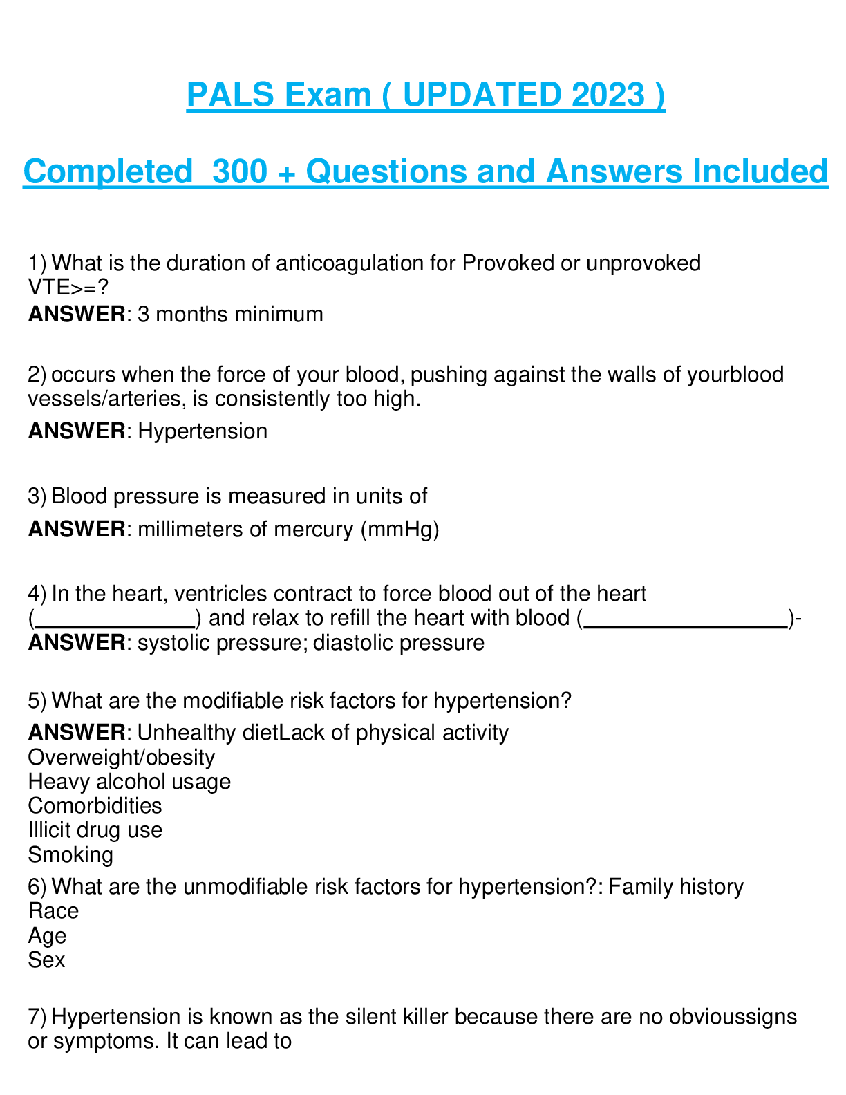 PALS Exam ( UPDATED 2023 ) Completed 300 + Questions and Answers Included