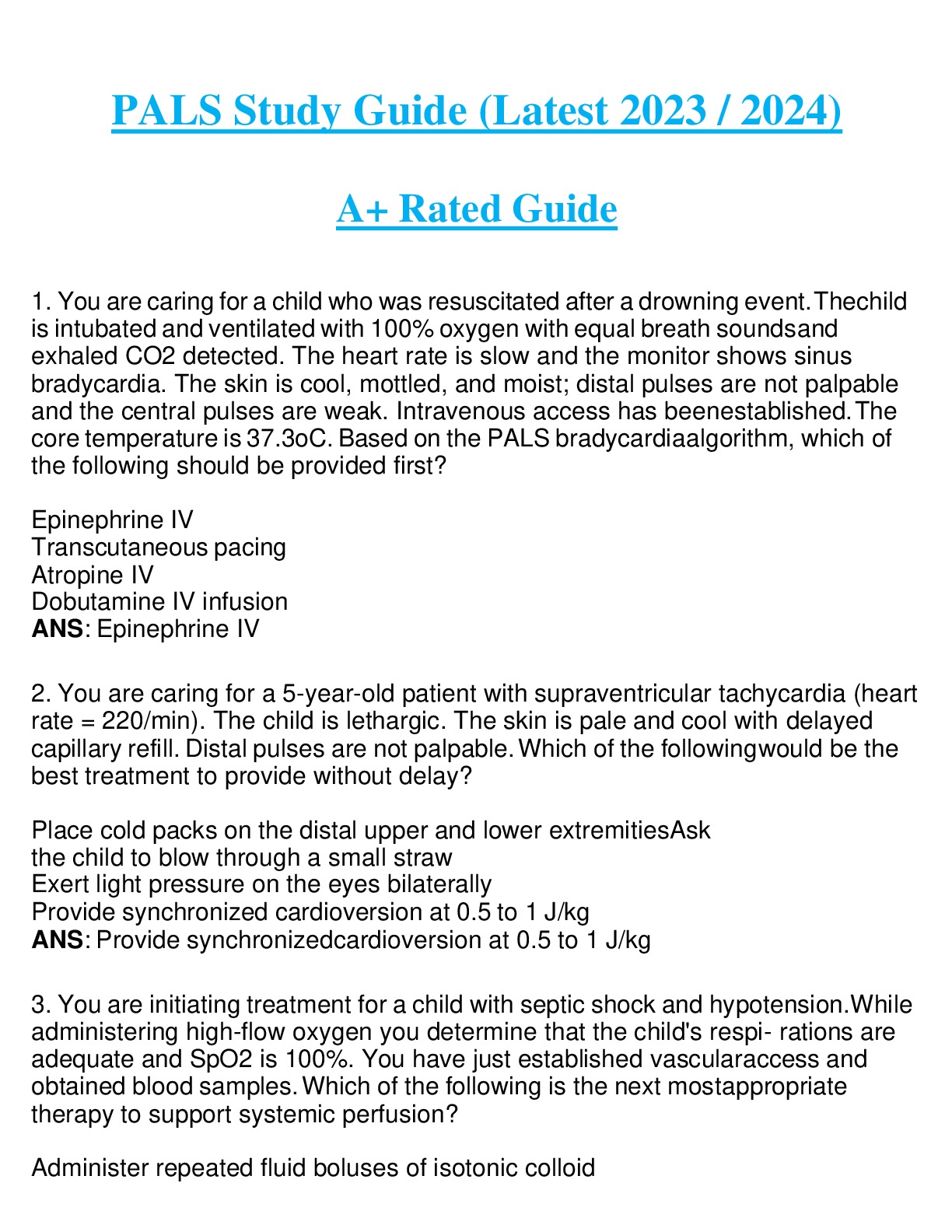PALS Study Guide (Latest 2023 / 2024) A+ Rated Guide