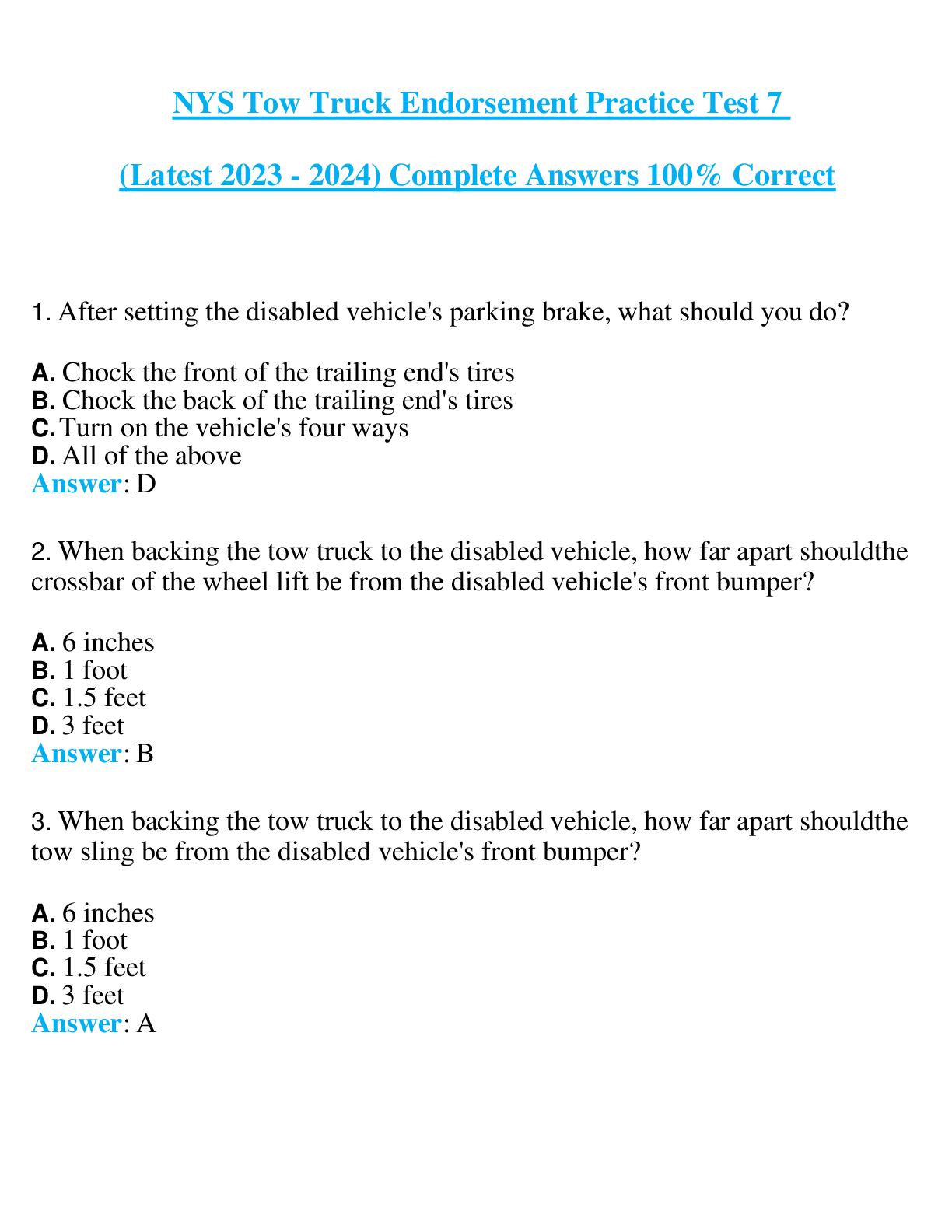 NYS Tow Truck Endorsement Practice Test 7  (Latest 2023 - 2024) Complete Answers 100% Correct