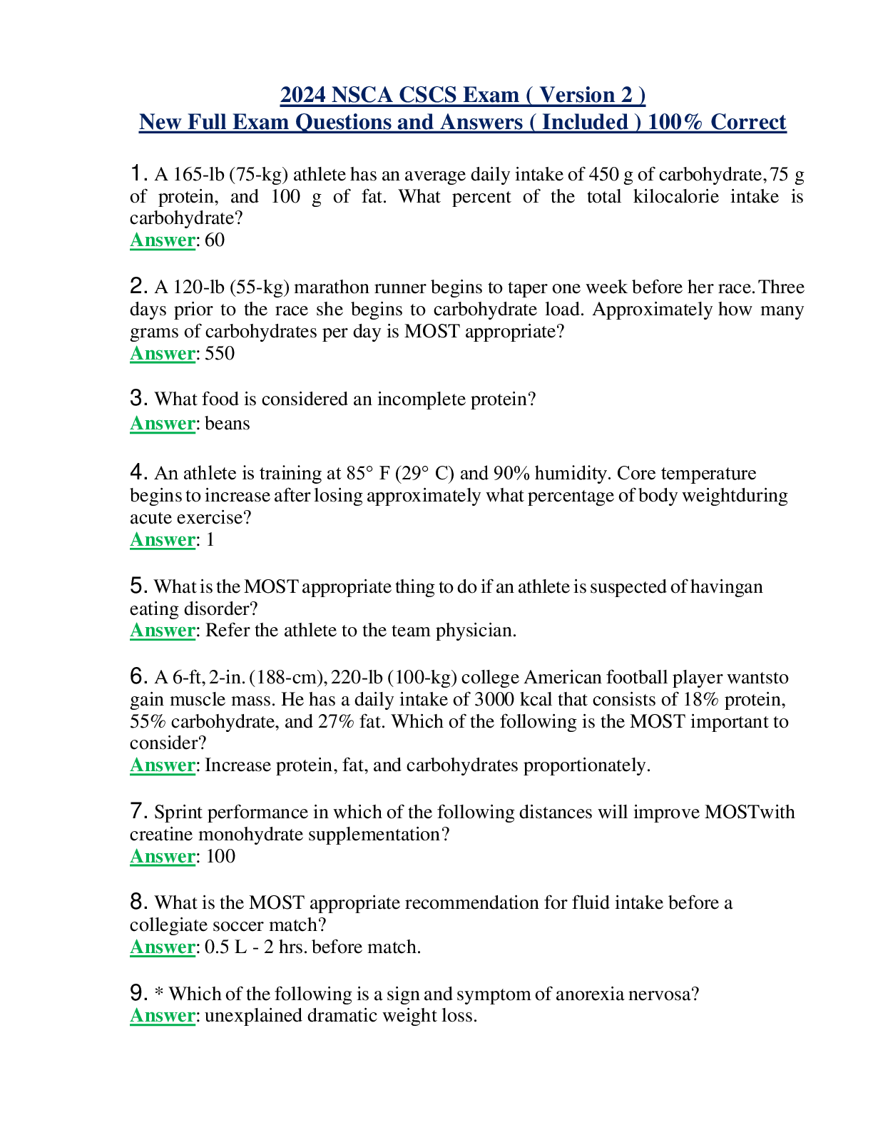 2024 NSCA CSCS Exam ( Version 2 ) New Full Exam Questions and Answers ( Included ) 100% Correct