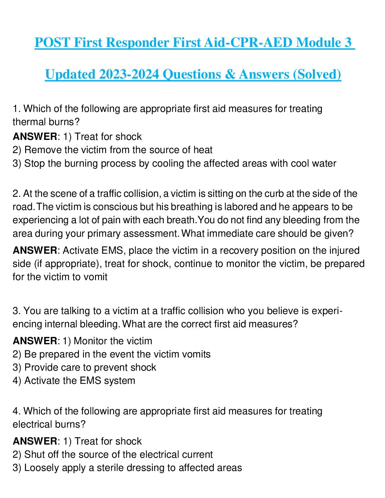 Preview of POST First Responder First Aid-CPR-AED Module 3 Updated 2023-2024 Questions & Answers (Sol