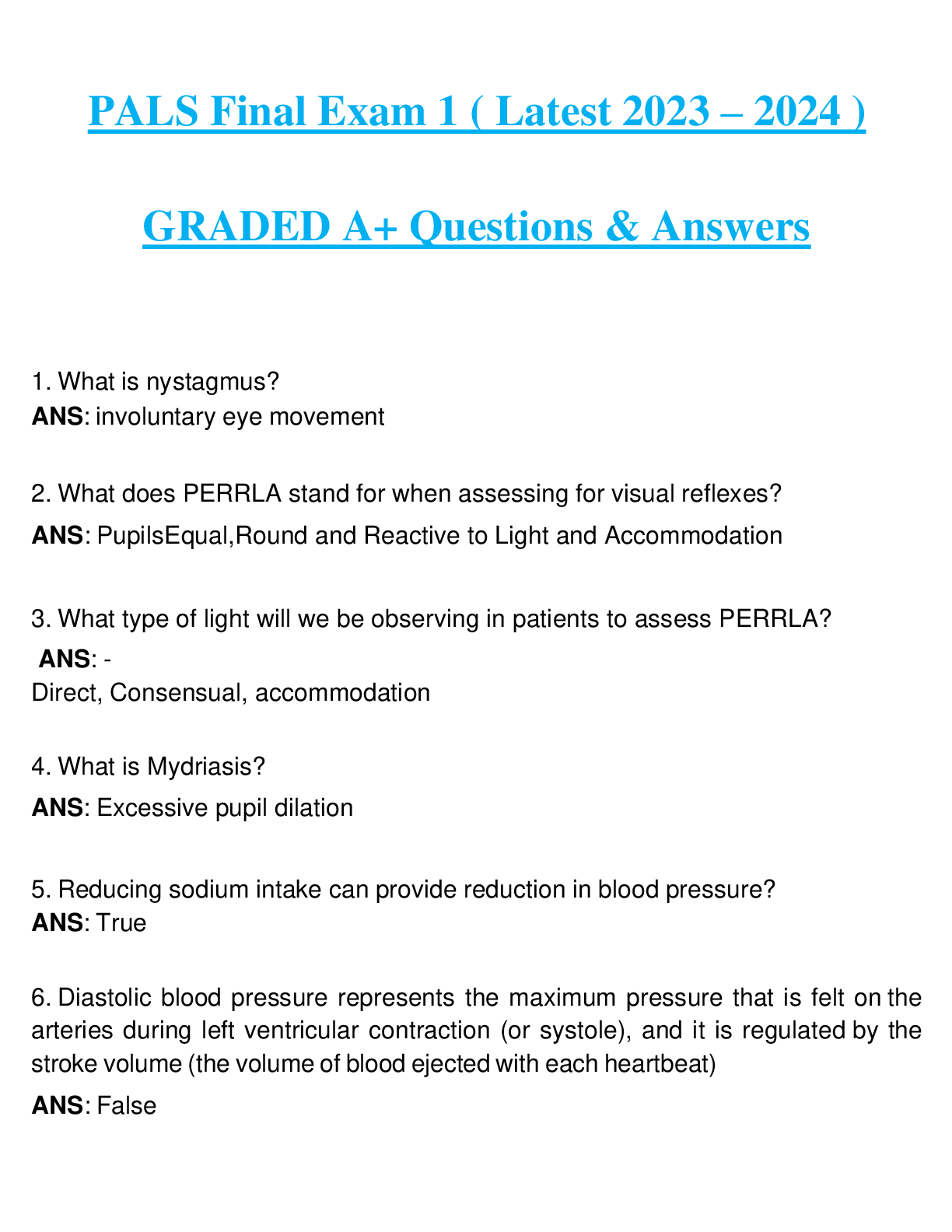 PALS Final Exam 1 ( Latest 2023 – 2024 ) GRADED A+ Questions & Answers ...