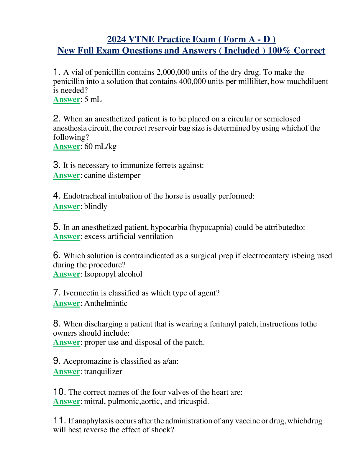 2024 VTNE Practice Exam ( Form A - D ) New Full Exam Questions and Answers ( Included ) 100% Correct