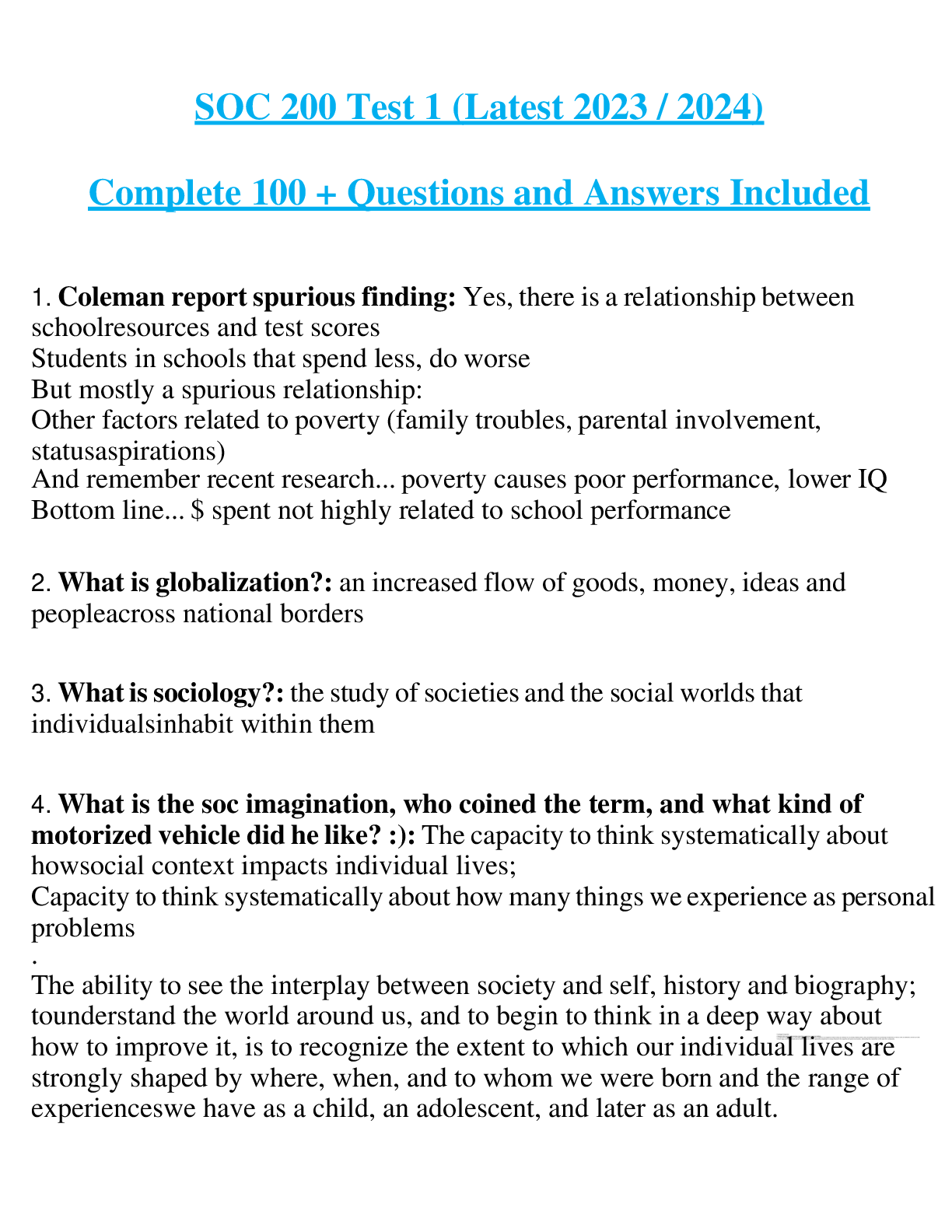 SOC 200 Test 1 (Latest 2023 / 2024) Complete 100 + Questions and Answers Included