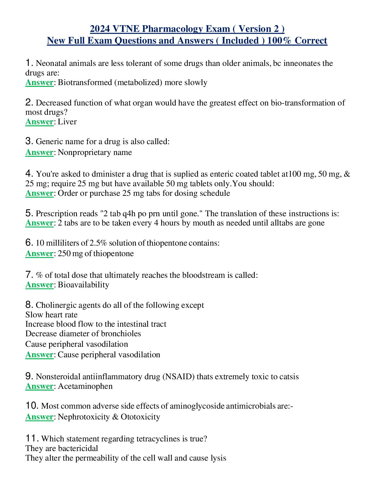 2024 VTNE Pharmacology Exam ( Version 2 ) New Full Exam Questions and Answers ( Included ) 100% Correct