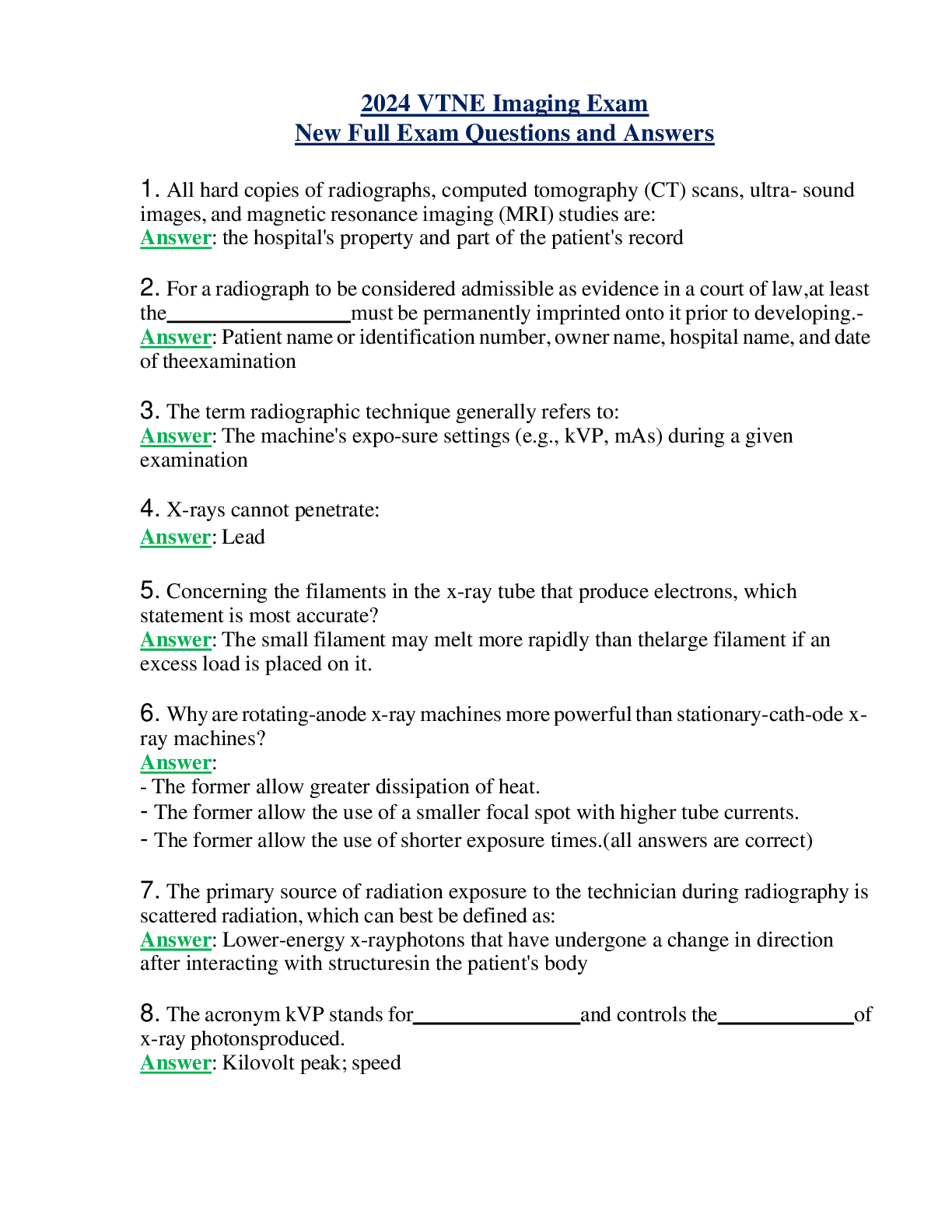 Preview of 2024 VTNE Imaging Exam New Full Exam Questions and Answers