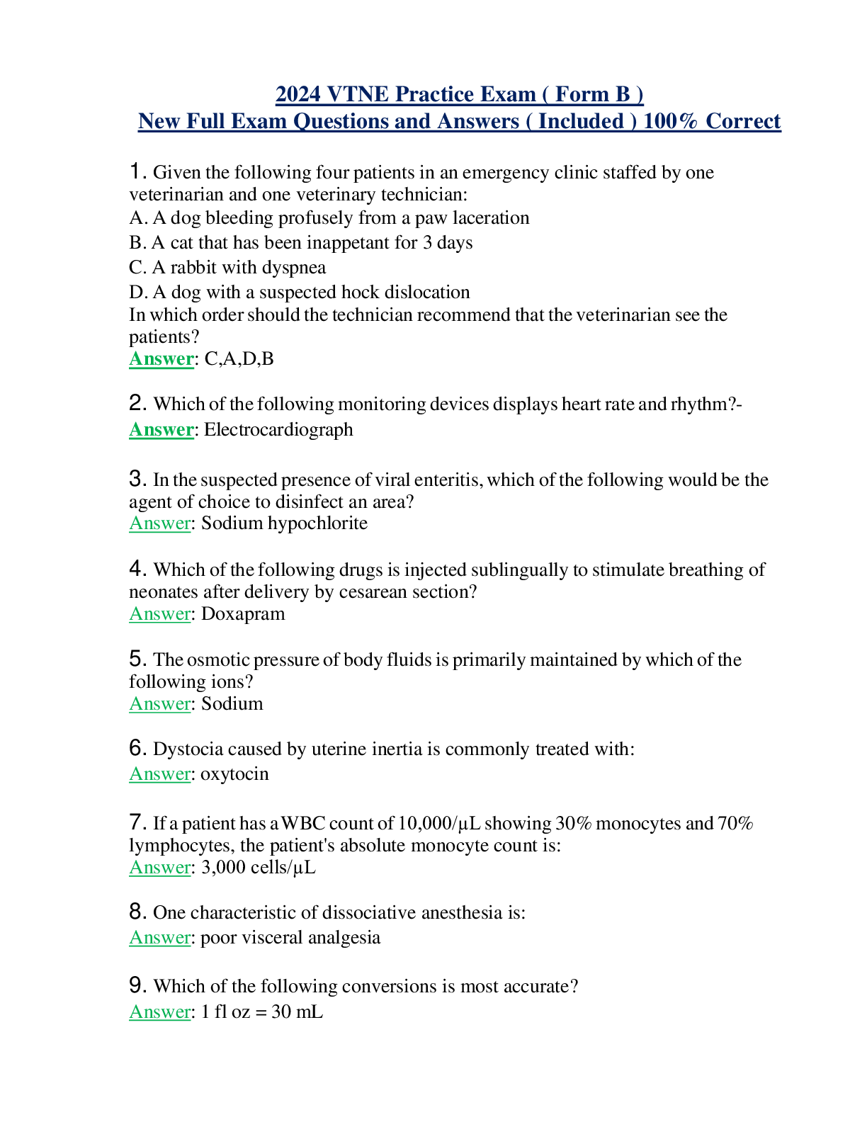 2024 VTNE Practice Exam ( Form B ) New Full Exam Questions and Answers ( Included ) 100% Correct