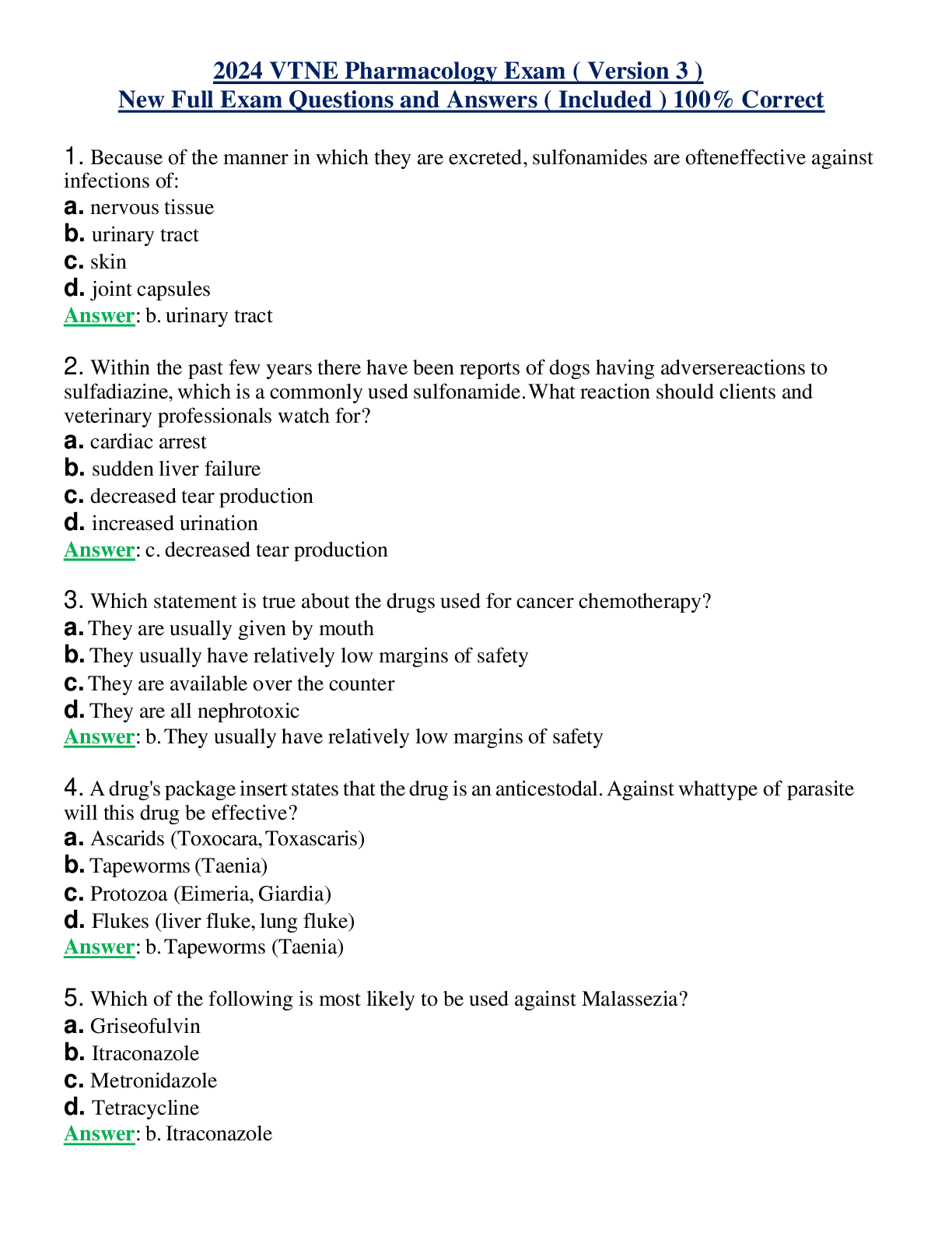 2024 VTNE Pharmacology Exam ( Version 3 ) New Full Exam Questions and Answers ( Included ) 100% Correct
