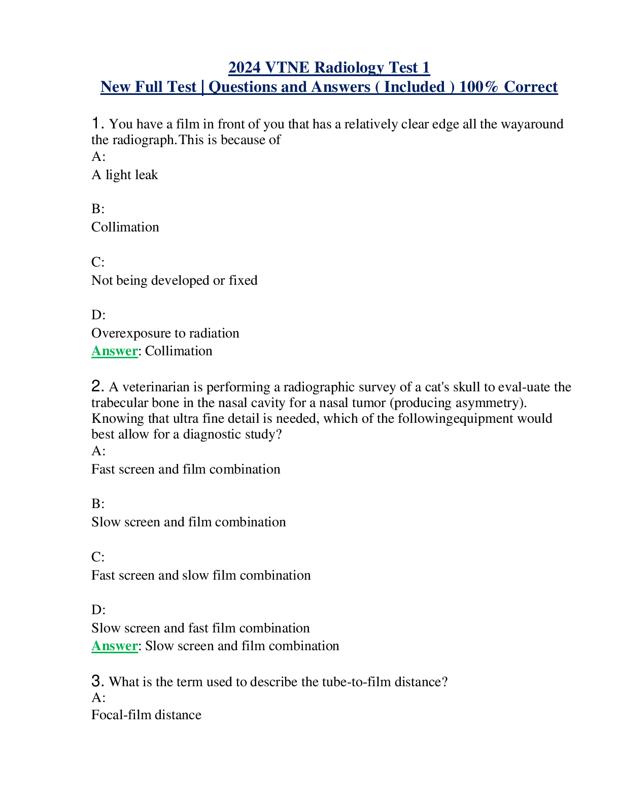 Preview of 2024 VTNE Radiology Test 1 New Full Test | Questions and Answers ( Included ) 100% Correct