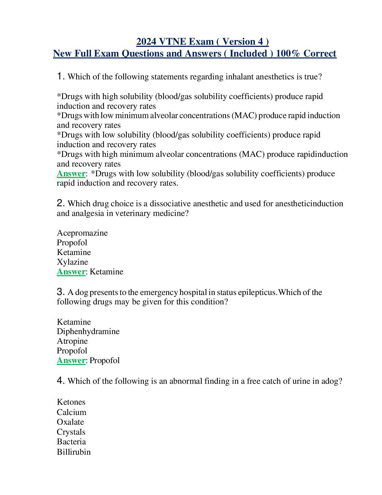 Preview of 2024 VTNE Exam ( Version 4 ) New Full Exam Questions and Answers ( Included ) 100% Correct