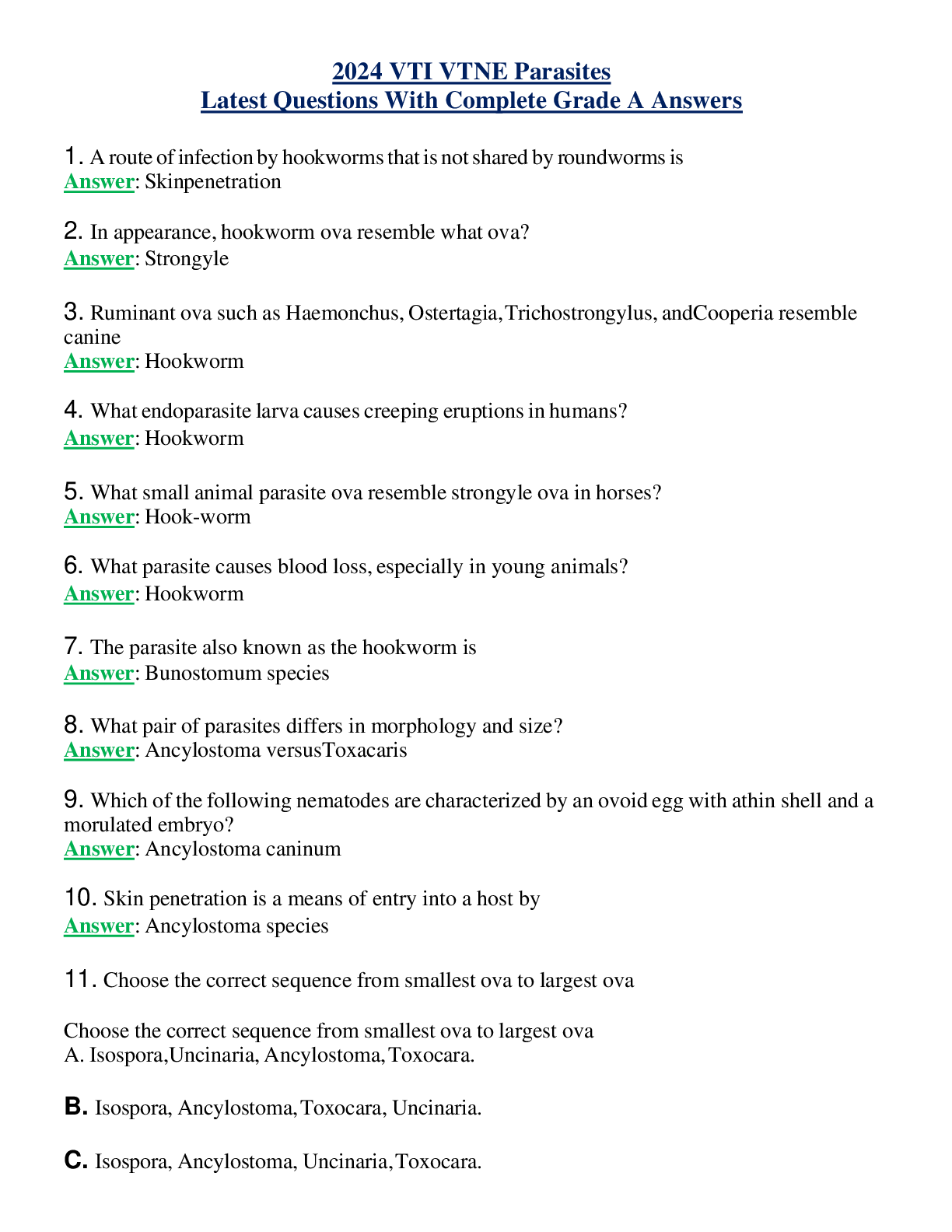 Preview of 2024 VTI VTNE Parasites Latest Questions With Complete Grade A Answers