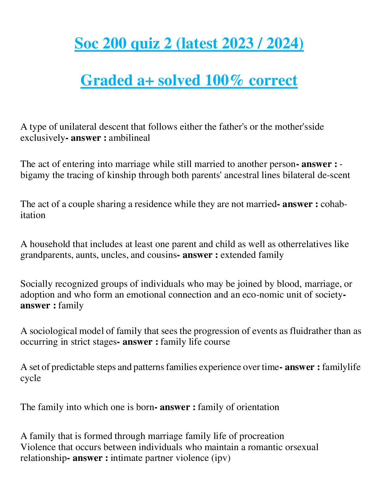 Soc 200 quiz 2 (latest 2023 / 2024) Graded a+ solved 100% correct